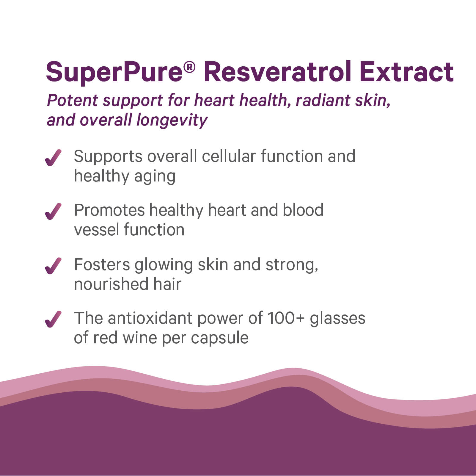 Infographic showcasing The Synergy Company’s SuperPure® Resveratrol Extract: supports heart and cellular health, glowing skin, nourished hair, and provides powerful antioxidant benefits—each capsule equals 100+ glasses of red wine.