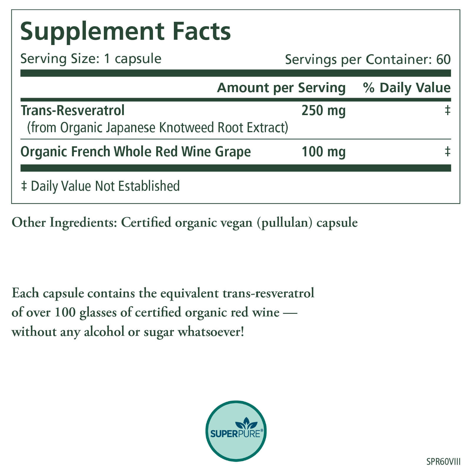 The Synergy Company SuperPure® Resveratrol Extract features 250 mg resveratrol (from Japanese Knotweed root) and 100 mg organic French grape in a vegan capsule. No alcohol or sugar. Heart health support. Includes the SuperPure® logo.