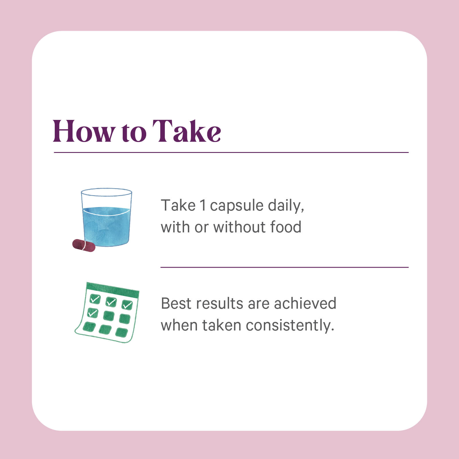 Instruction graphic showing a glass of water, a capsule, and a calendar. Text: Take 1 SuperPure® Resveratrol Extract capsule daily by The Synergy Company for optimal heart health—best when taken consistently, with or without food.