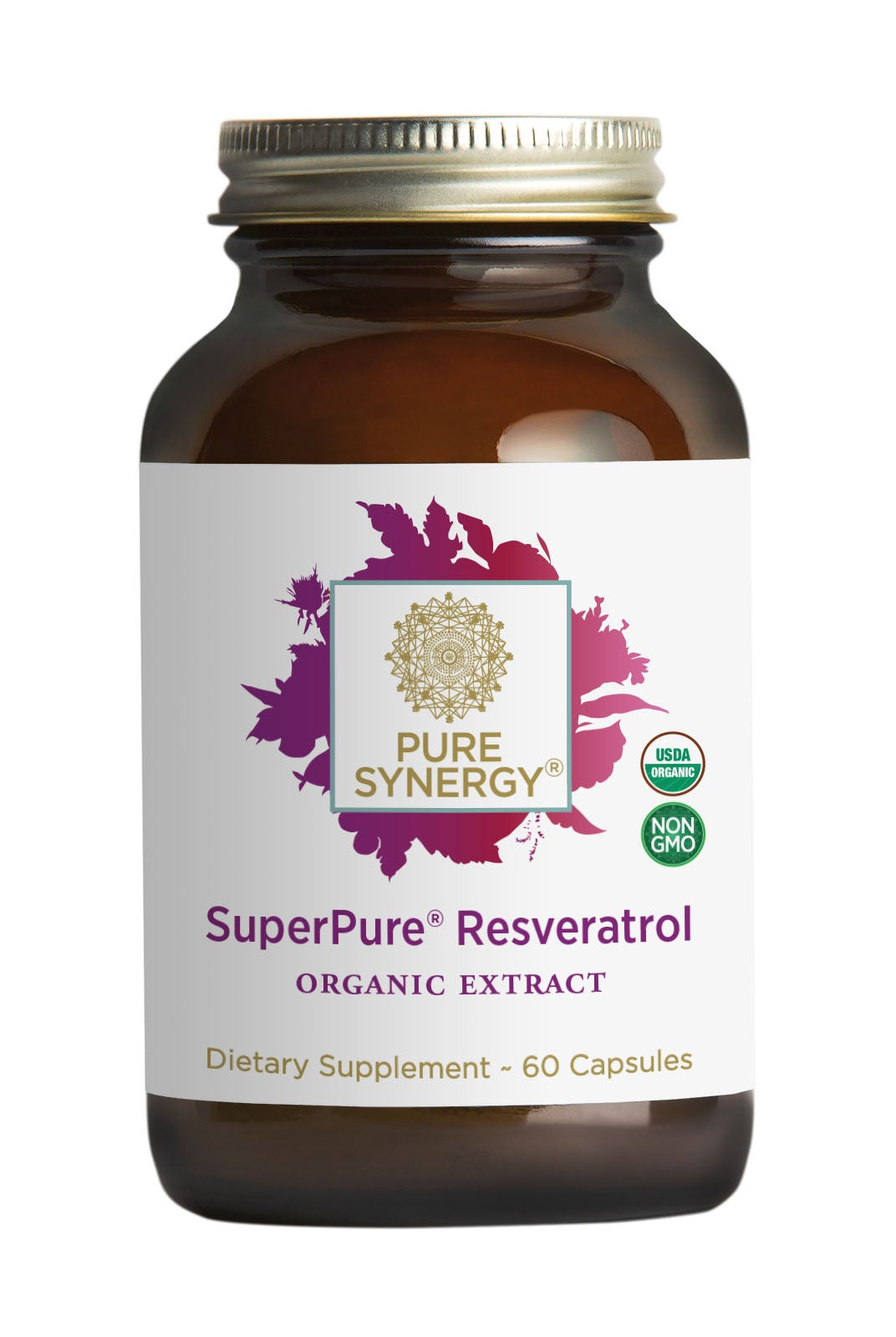 A brown glass bottle of SuperPure® Resveratrol Extract by The Synergy Company contains 60 capsules, features USDA Organic and Non-GMO labels, supports heart health, and has a gold and white lid.