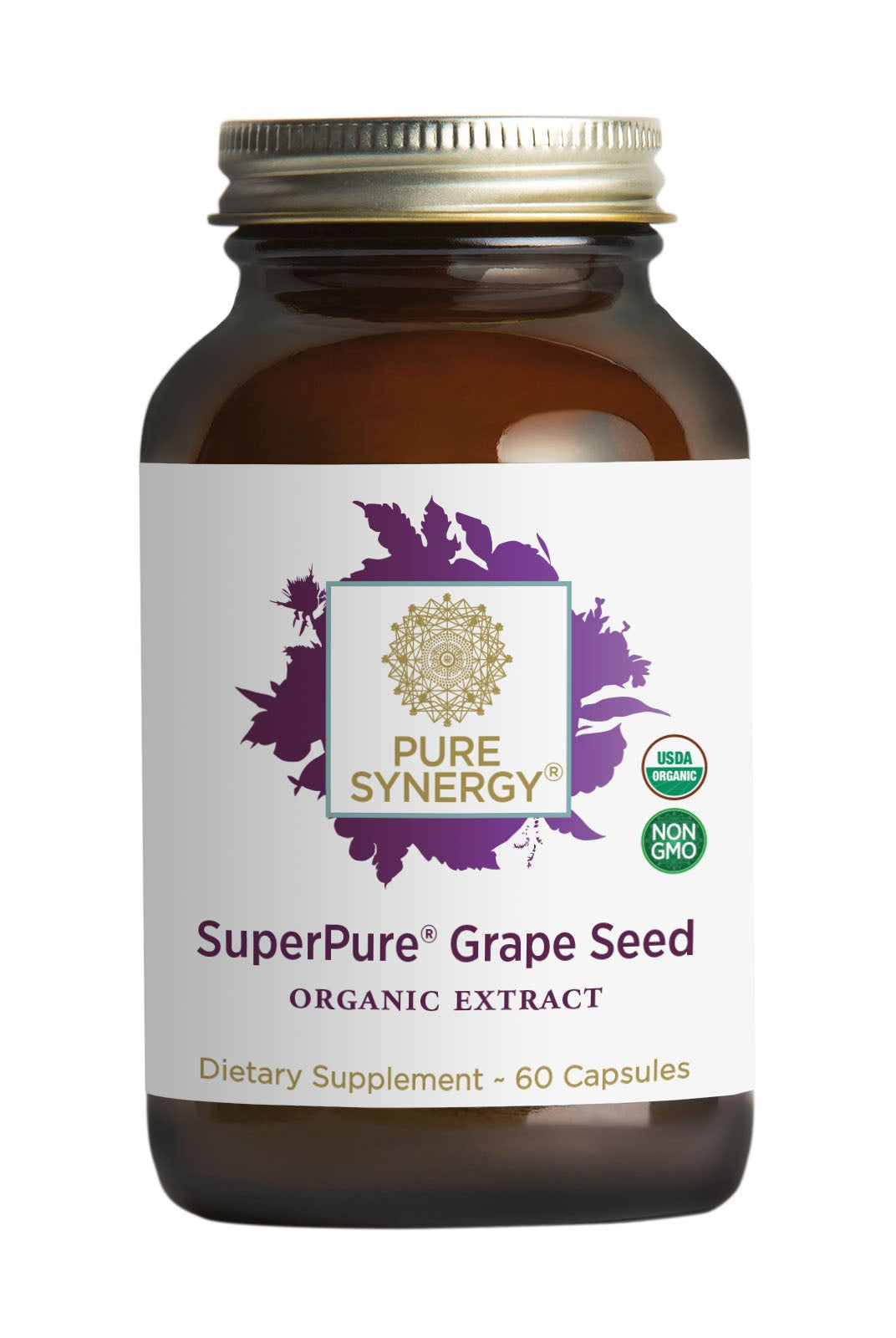 A brown glass bottle of The Synergy Company SuperPure® Grape Seed Extract, 60 capsules, features Non-GMO and USDA Organic badges plus a purple grape leaf design, emphasizing its antioxidant potency.