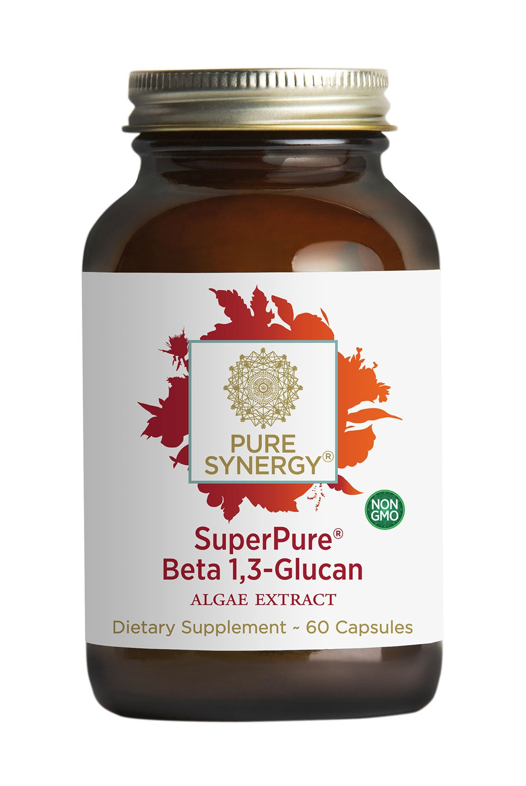 A brown glass bottle of The Synergy Company SuperPure® Beta 1,3-Glucan Extract, NON-GMO Dietary Supplement – 60 Capsules, features a gold cap and white label with leaf designs. Provides Beta 1,3-Glucan for digestive support.