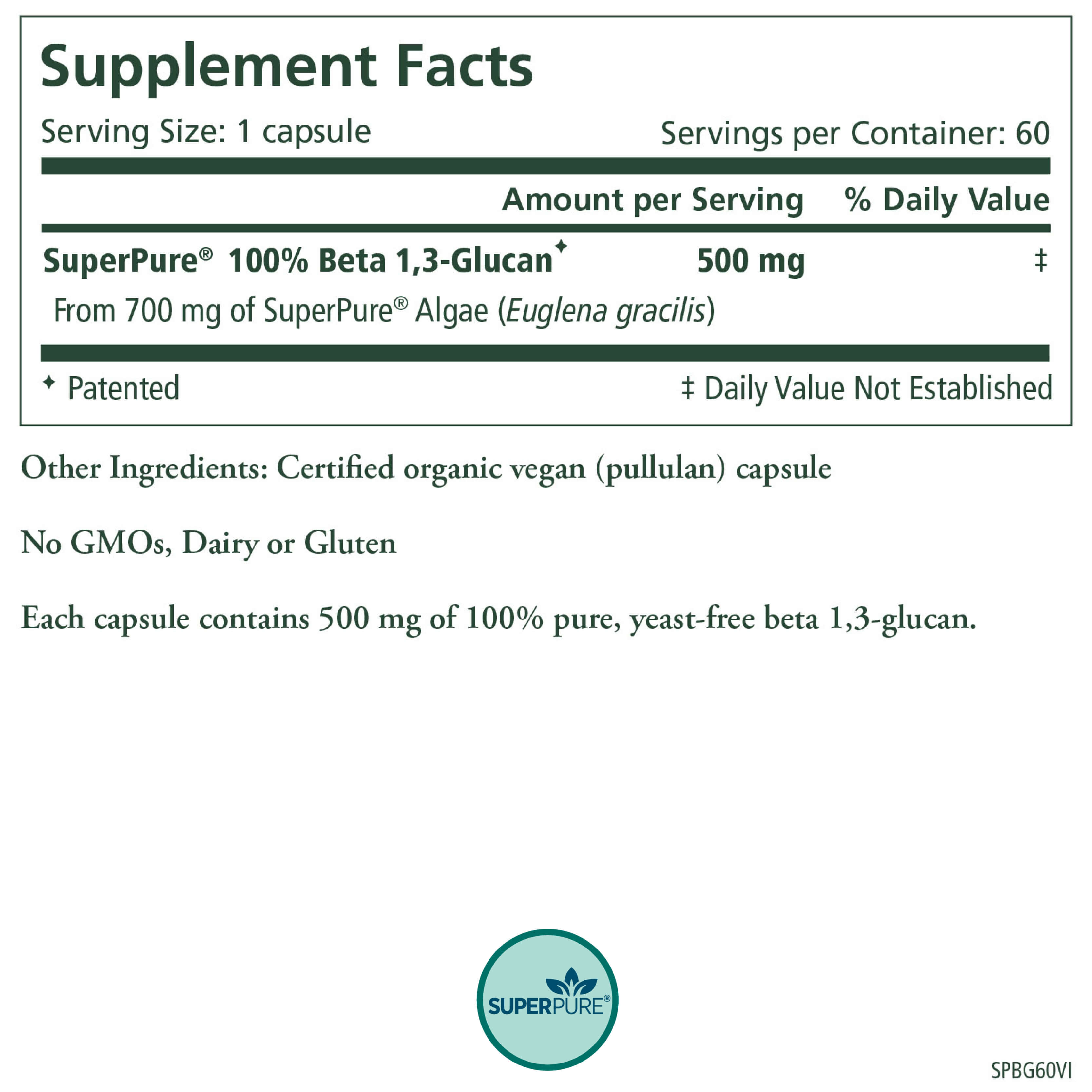 Supplement Facts label for The Synergy Company’s SuperPure® Beta 1,3-Glucan Extract: a vegan capsule with 500 mg of 100% pure, yeast-free Beta 1,3-Glucan from Euglena gracilis algae. Non-GMO, dairy-free, gluten-free. SuperPure logo at bottom.