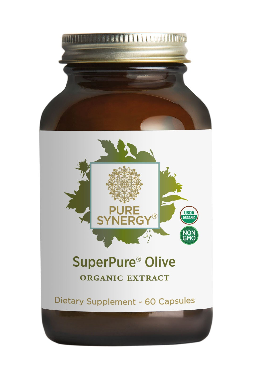 A brown glass bottle labeled The Synergy Company SuperPure® Olive Extract contains 60 antioxidant-rich capsules. Its label shows a green leaf design with USDA Organic and Non-GMO icons on the front.