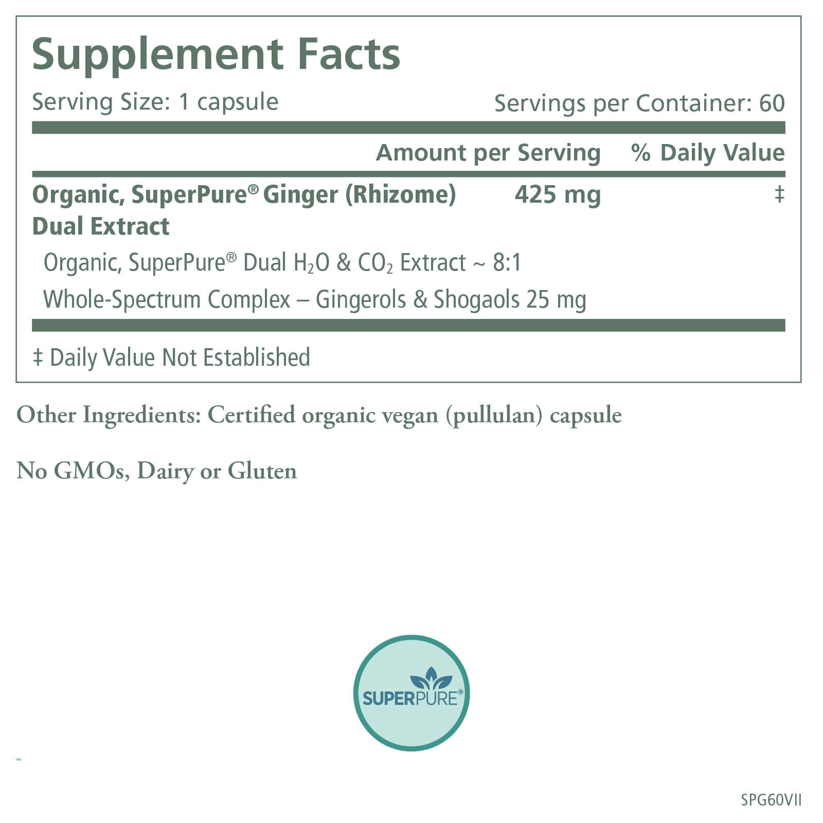Supplement Facts label for SuperPure® Ginger Extract by The Synergy Company. Each serving provides 425 mg organic ginger extract with gingerols and shogaols. GMO, dairy, and gluten free. Green SuperPure® certification logo shown at the bottom.