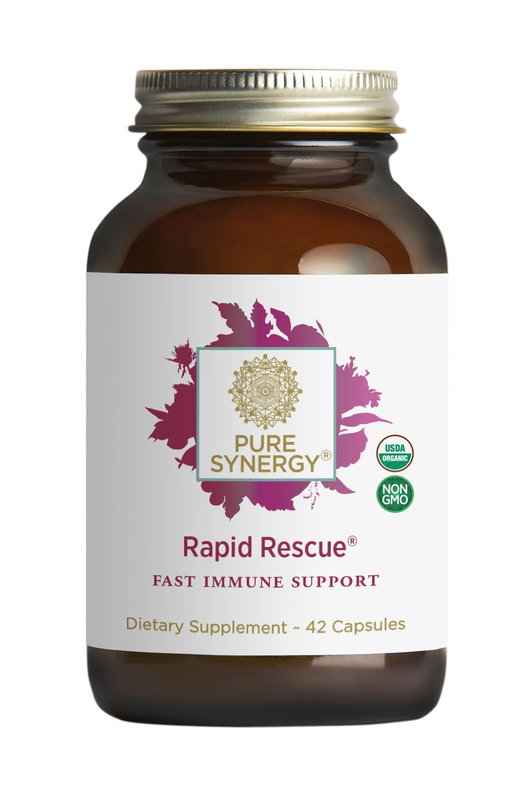 A brown glass bottle labeled Rapid Rescue® by The Synergy Company, a dietary supplement with 42 capsules for fast immune support. The label features organic herbal extracts and displays USDA Organic and Non-GMO Project Verified seals.