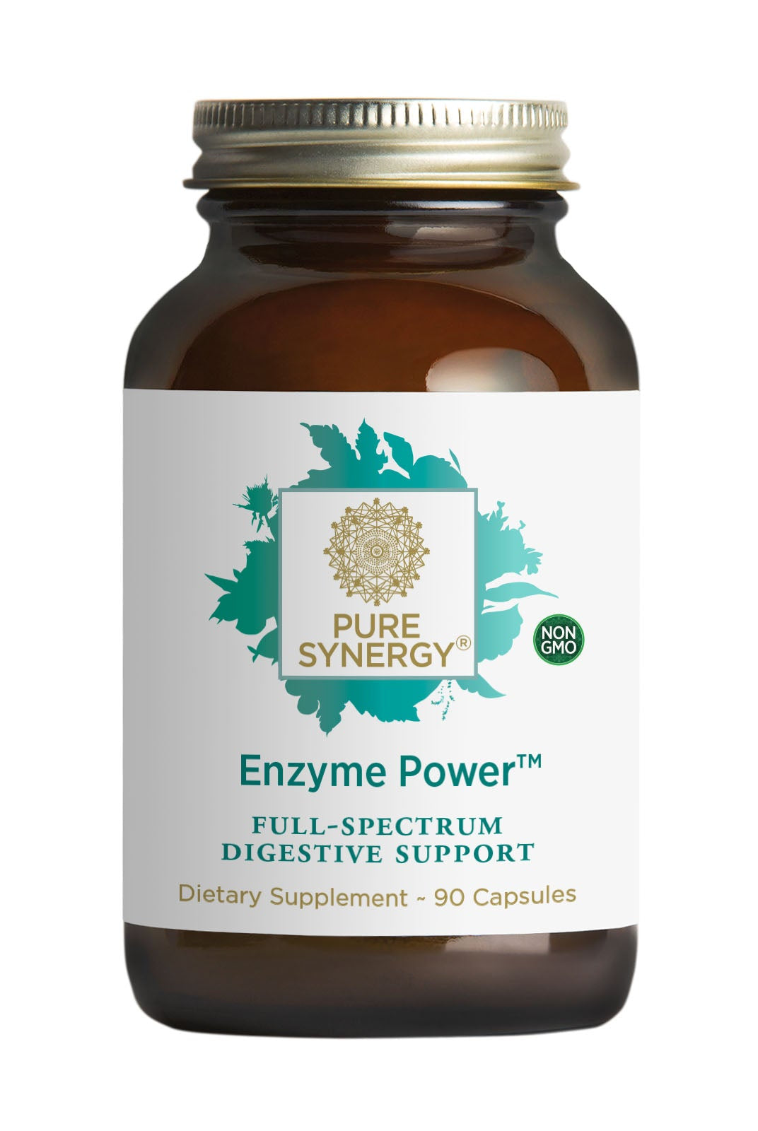 A brown glass bottle of The Synergy Company’s Enzyme Power™, a plant-based full-spectrum digestive support supplement with 90 capsules. The white label with green text highlights non-GMO ingredients and supports nutrient absorption.