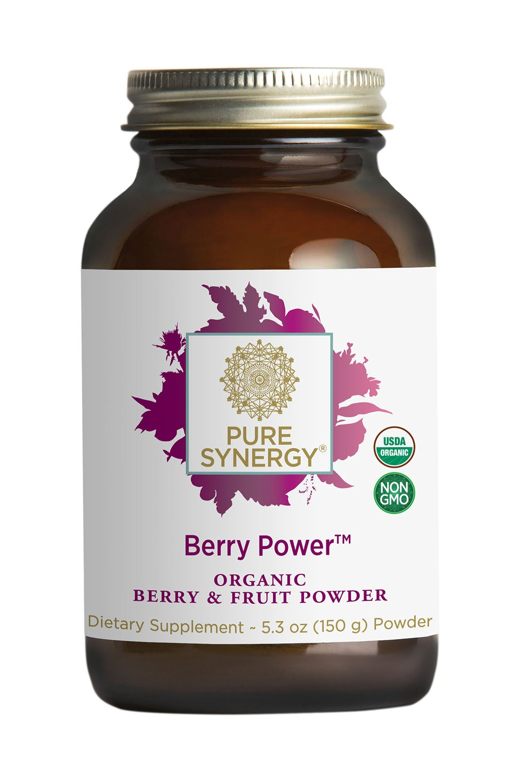 A brown glass jar labeled The Synergy Company Organic Berry Power™ contains 5.3 oz (150 g) of organic berry and fruit powder, rich in antioxidants and vitamin C, with a purple berry graphic, USDA Organic and Non-GMO badges.