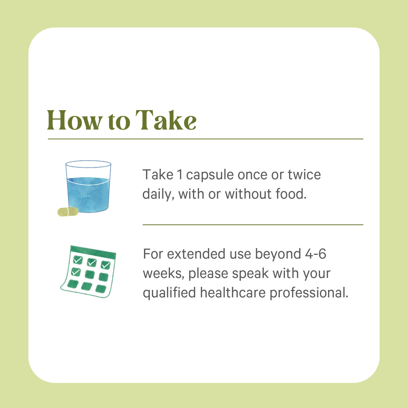 An instruction card shows a glass of water, capsules, and a calendar. It advises taking 1 SuperPure® Oregano Extract capsule by The Synergy Company once or twice daily for gut or immune health; consult your doctor if using over 4–6 weeks.