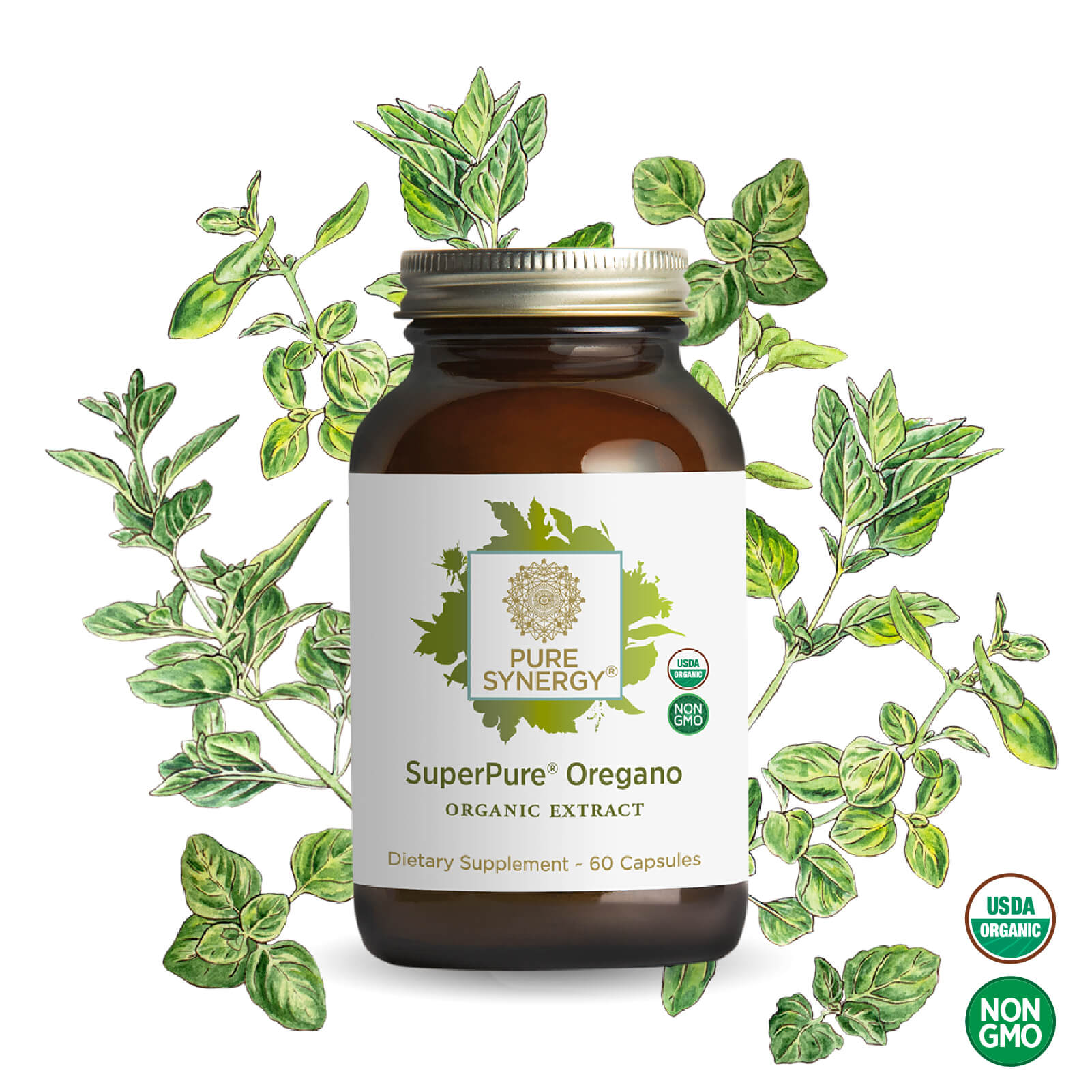 A brown glass bottle labeled “SuperPure® Oregano Extract” by The Synergy Company stands before green oregano leaves, featuring USDA Organic and Non-GMO seals. This organic oregano oil supports gut and immune health.