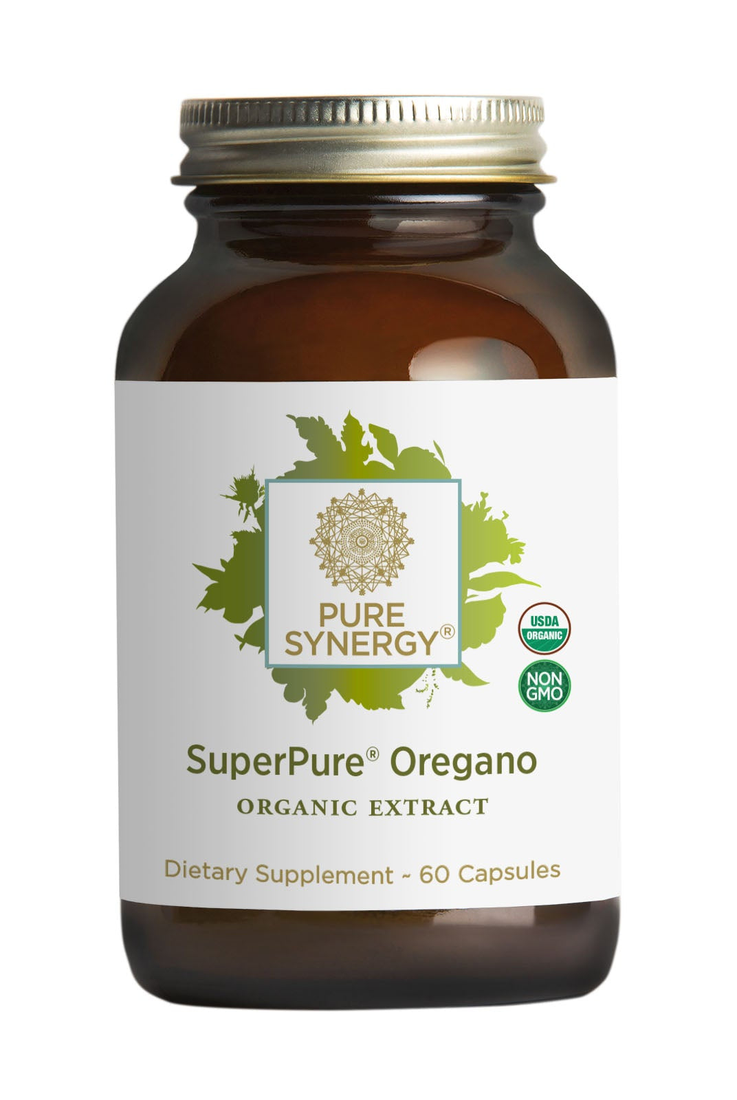 A brown glass bottle of SuperPure® Oregano Extract by The Synergy Company, containing 60 capsules for immune wellness and gut health. The label displays green leaves, certification logos, and info about organic oregano oil.