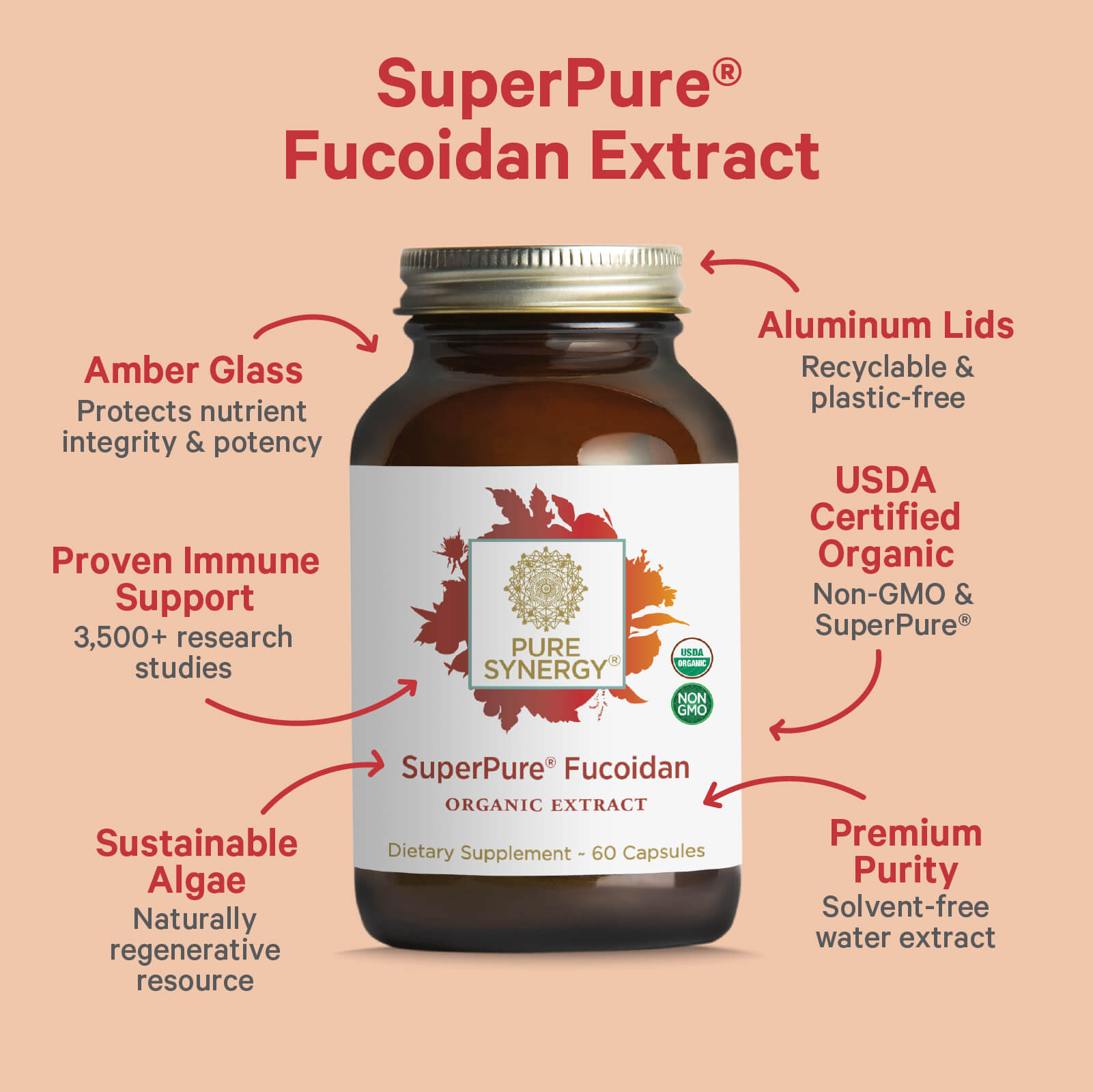 A brown glass bottle labeled SuperPure® Fucoidan Extract by The Synergy Company with six callout arrows highlighting amber glass, aluminum lids, immune support, USDA Organic, sustainable Undaria pinnatifida, and premium purity.