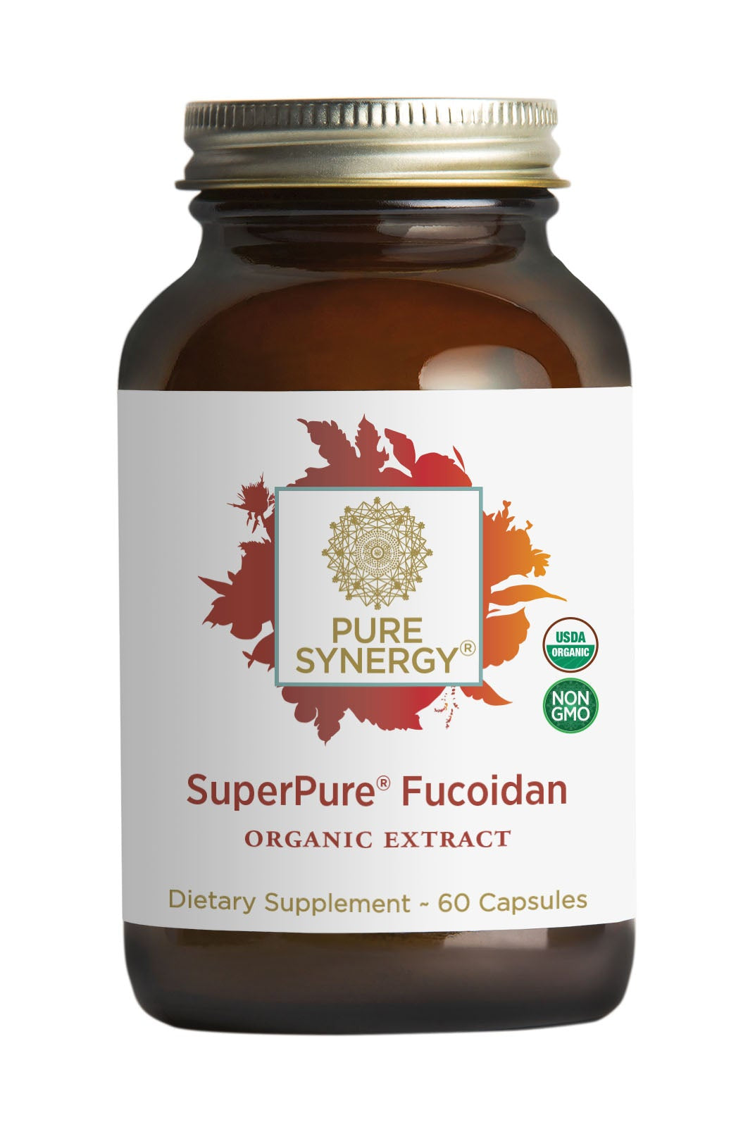 A brown glass bottle labeled The Synergy Company SuperPure® Fucoidan Extract contains 60 capsules with fucoidan from Undaria pinnatifida and displays USDA Organic and Non-GMO seals on the front.