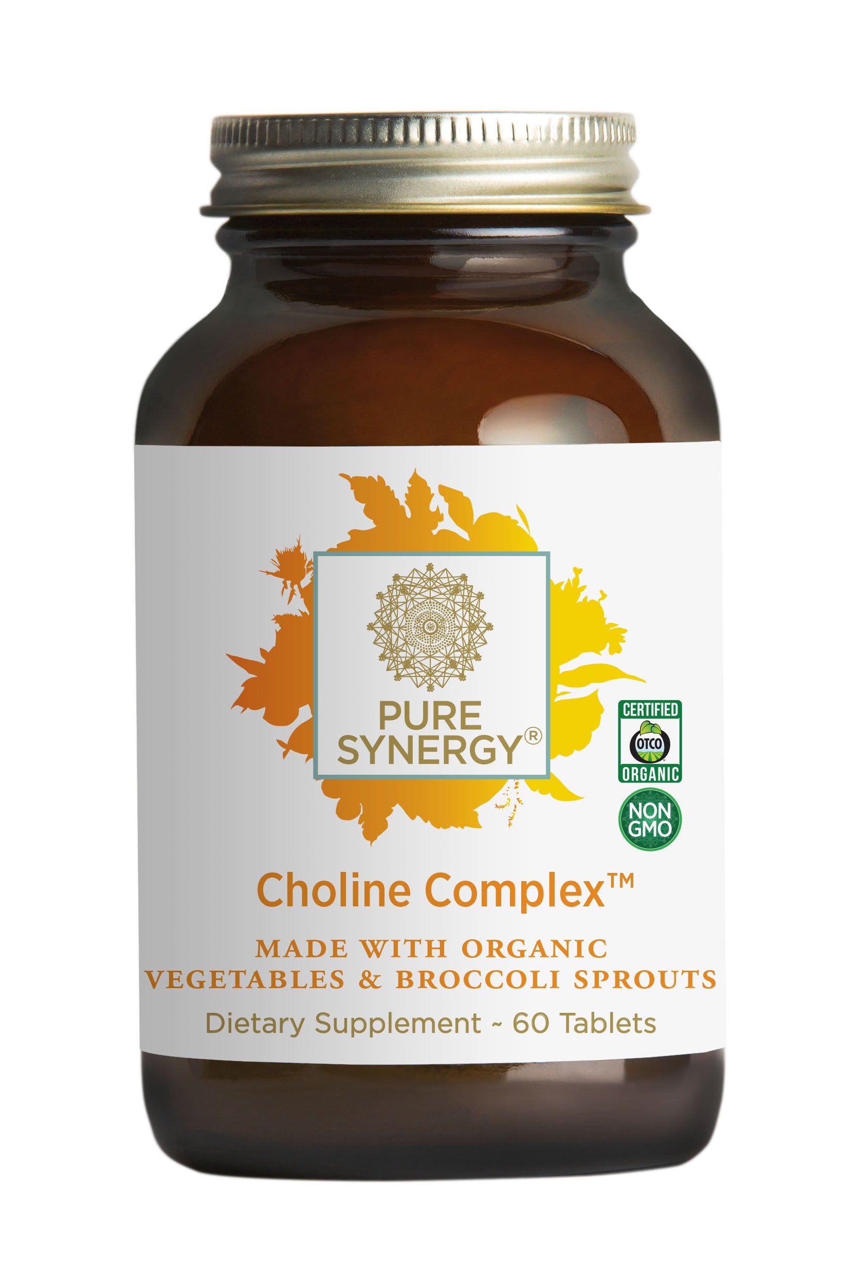 A brown bottle labeled The Synergy Company Choline Complex™, a choline supplement with 60 tablets. Made from organic vegetables and cruciferous greens like broccoli sprouts; certified organic and non-GMO.