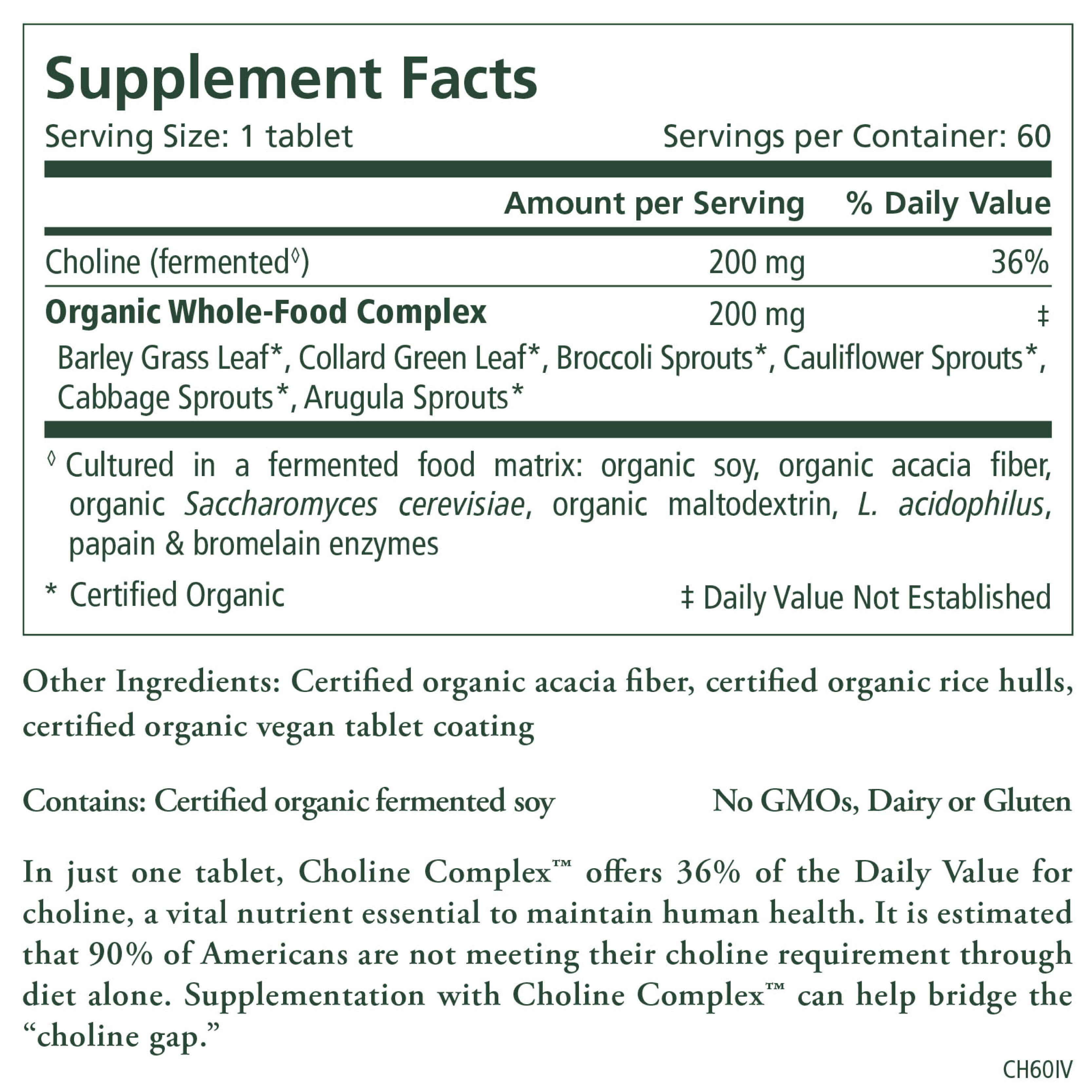 Supplement Facts label for a Brainpower Bundle tablet by The Synergy Company. Key features include 200 mg of organic whole-food complex with Klamath Lake algae and various sprouts, along with 90 mg of fermented choline per serving. Below the text are details about its health benefits and certification information.