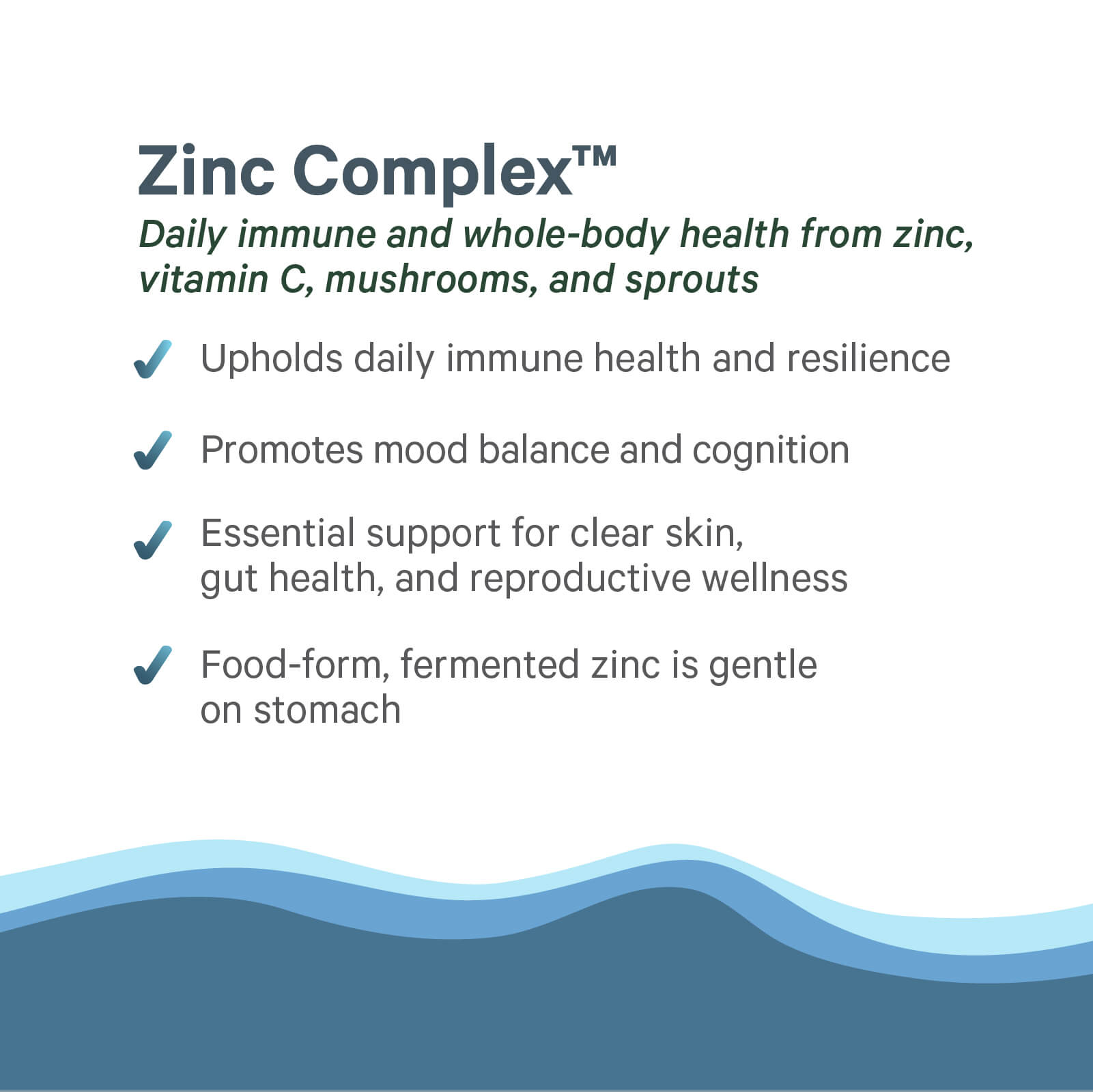An infographic titled Zinc Complex™ from The Synergy Company highlights benefits like immune support, mood and cognition, clear skin, gut health, and gentle-on-stomach with zinc complex plus organic mushroom mycelia over a blue wave design.