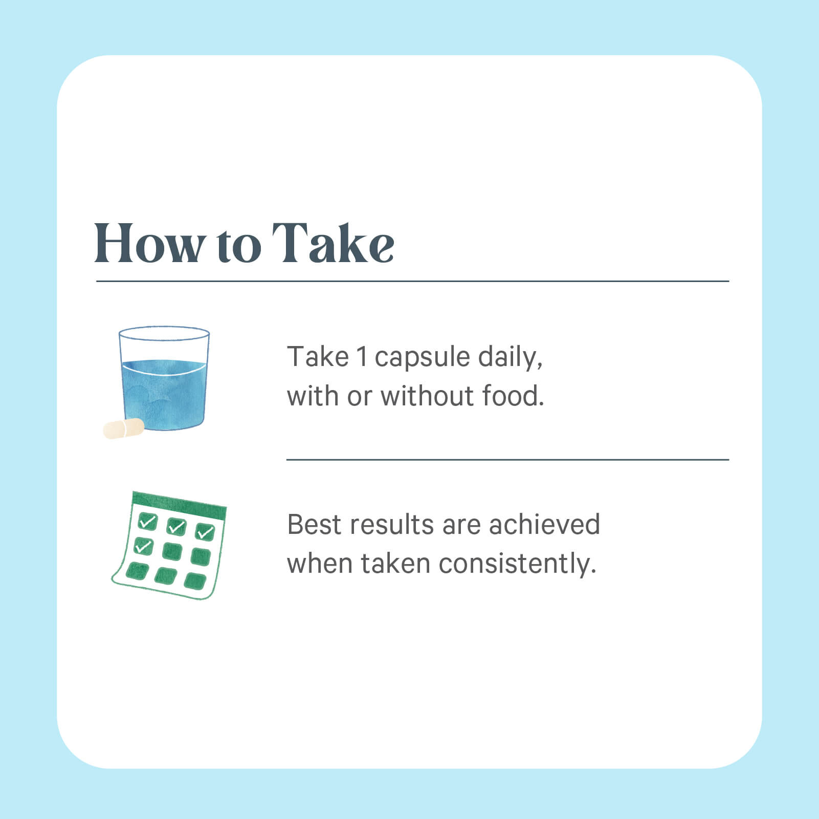 Instructional graphic: glass of water, capsule, calendar with check marks. Text: Take 1 Zinc Complex™ capsule daily, with or without food. Consistent use from The Synergy Company supports optimal immune health.