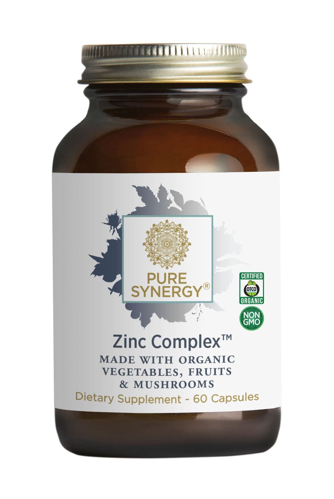 A brown glass bottle labeled Zinc Complex™ by The Synergy Company, made with organic vegetables, fruits, and mushroom mycelia. Contains 60 capsules; features USDA Organic and Non-GMO Project Verified logos for immune support.