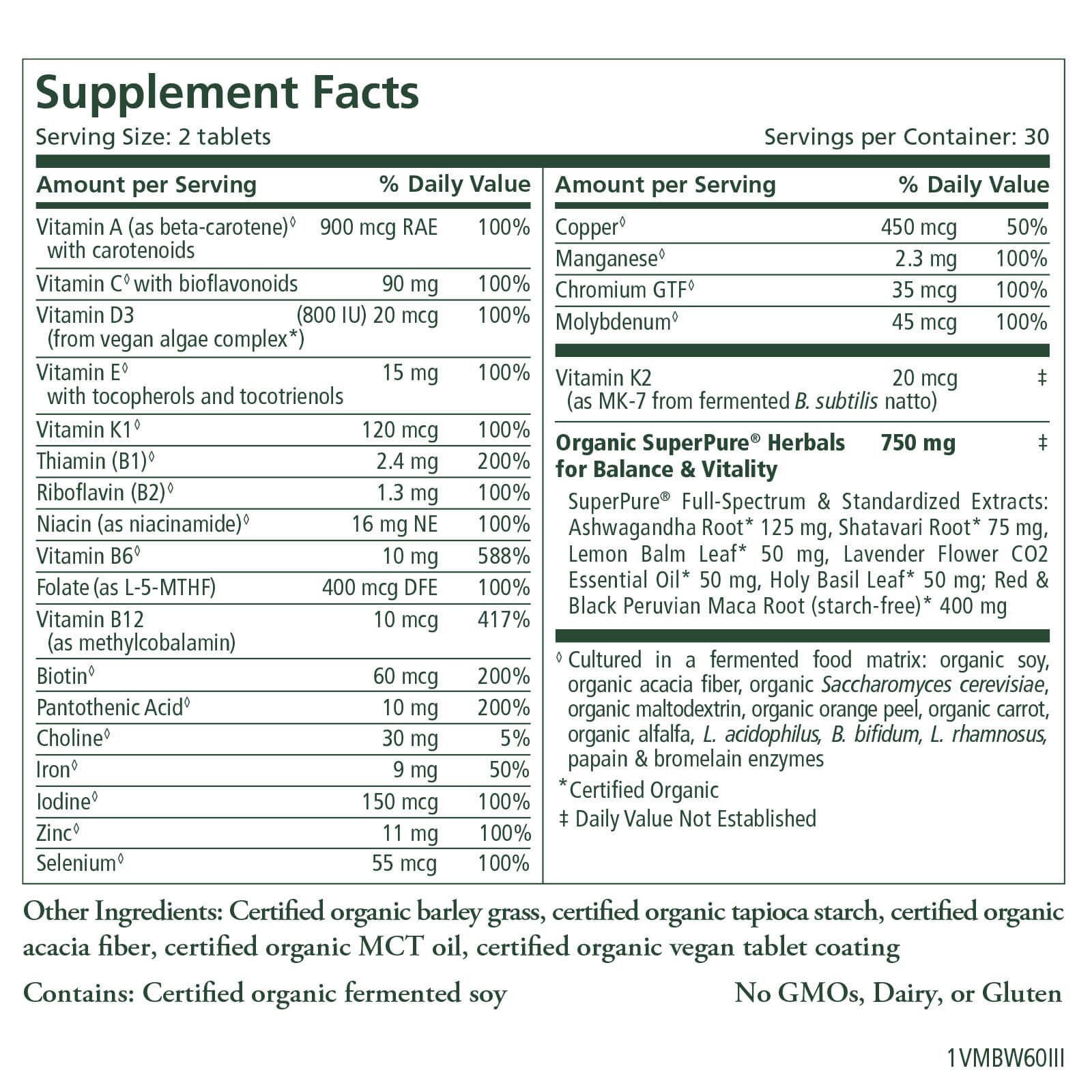 The Synergy Company Vita•Min•Balance® For Women Supplement Facts label lists vitamins (C, D3, B12), minerals, adaptogen extracts, organic herbal/enzyme blends, and daily stress balance support. Serving size: 2 tablets with daily values.