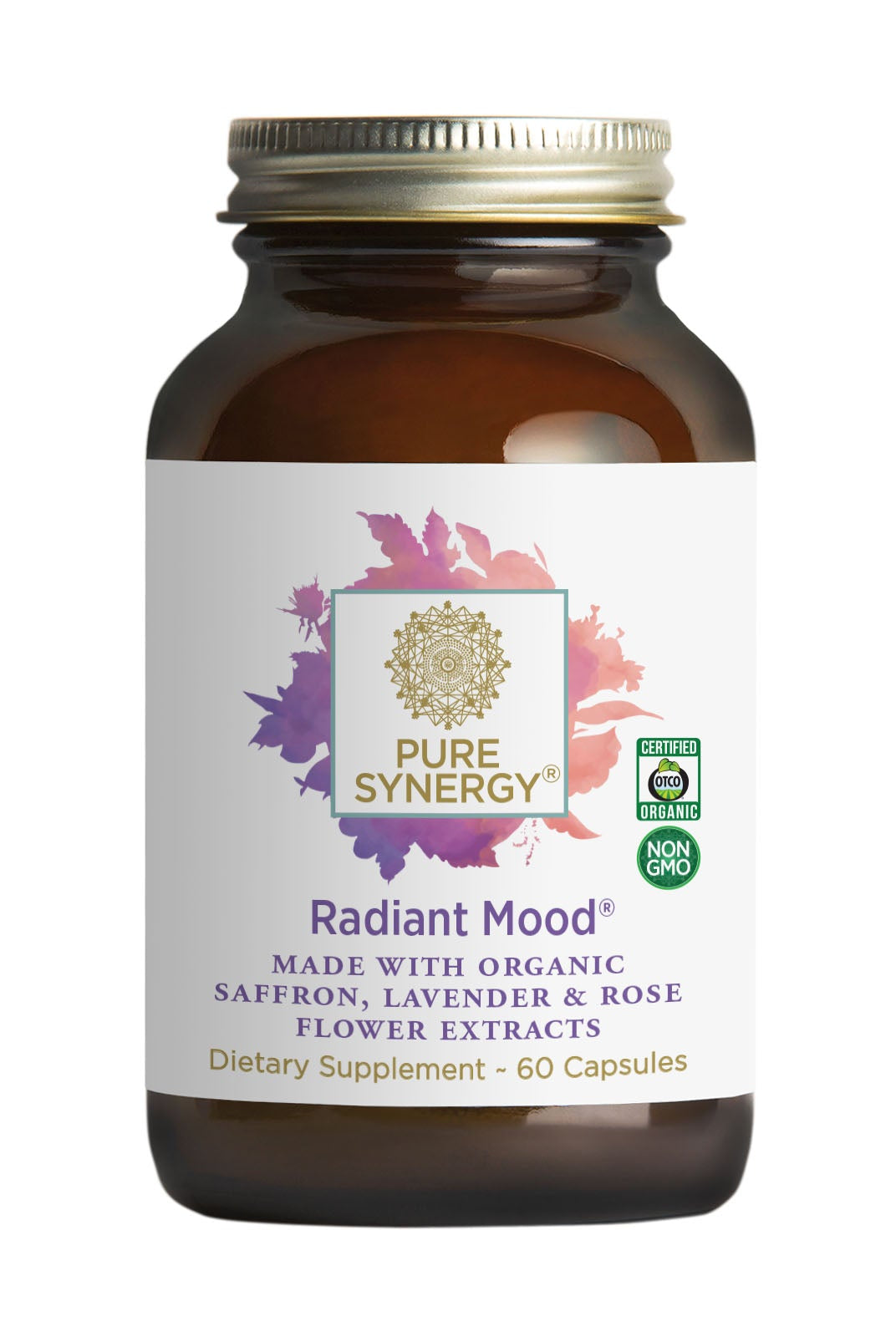 Radiant Mood® by The Synergy Company comes in a brown glass bottle with 60 capsules featuring organic saffron, lavender, and rose flower extracts. This certified organic, non-GMO supplement supports mood balance and relaxation.