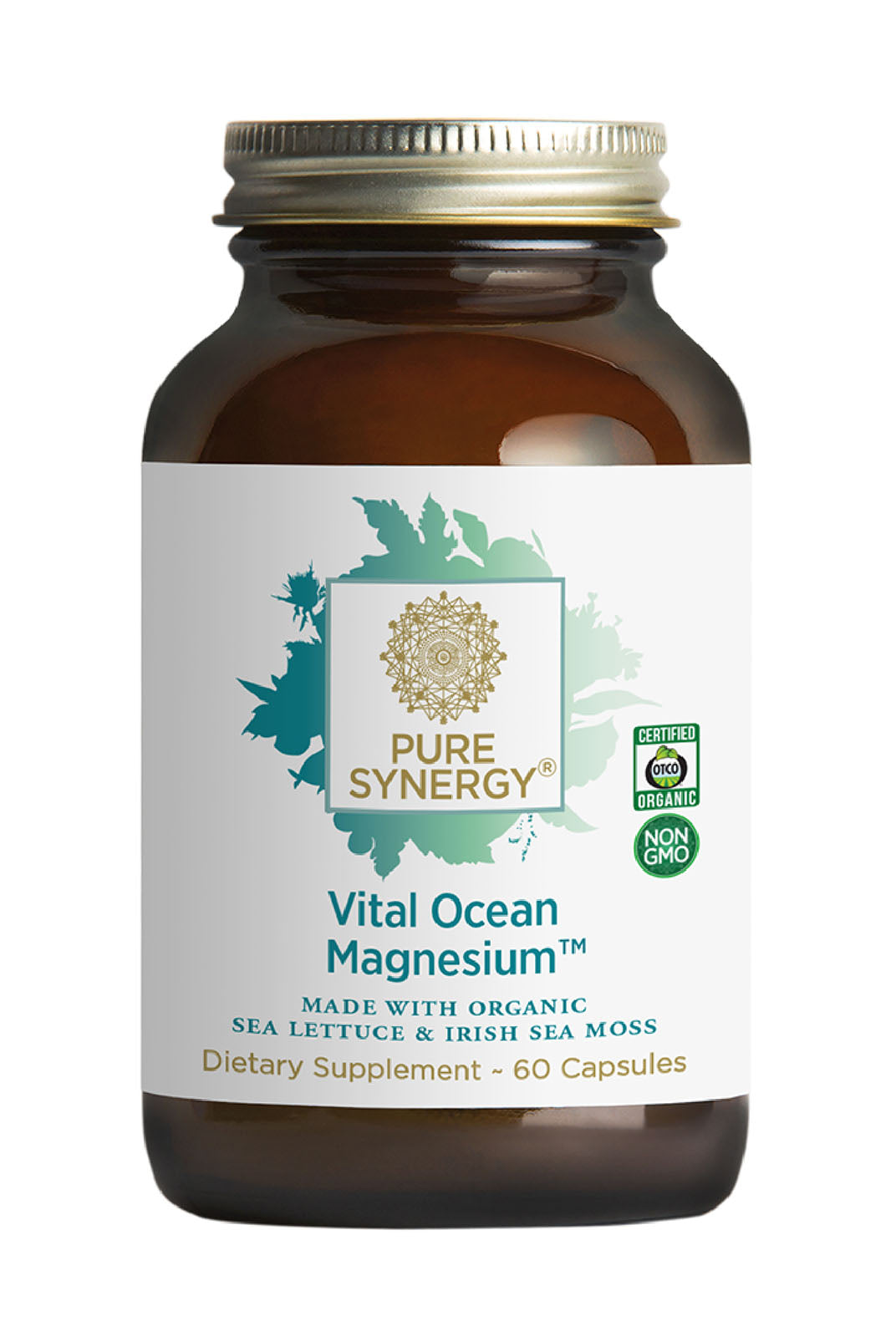 A brown bottle labeled Vital Ocean Magnesium™ contains 60 capsules, is certified organic and non-GMO, and highlights full-spectrum magnesium sourced from mineralized seawater on the front label.