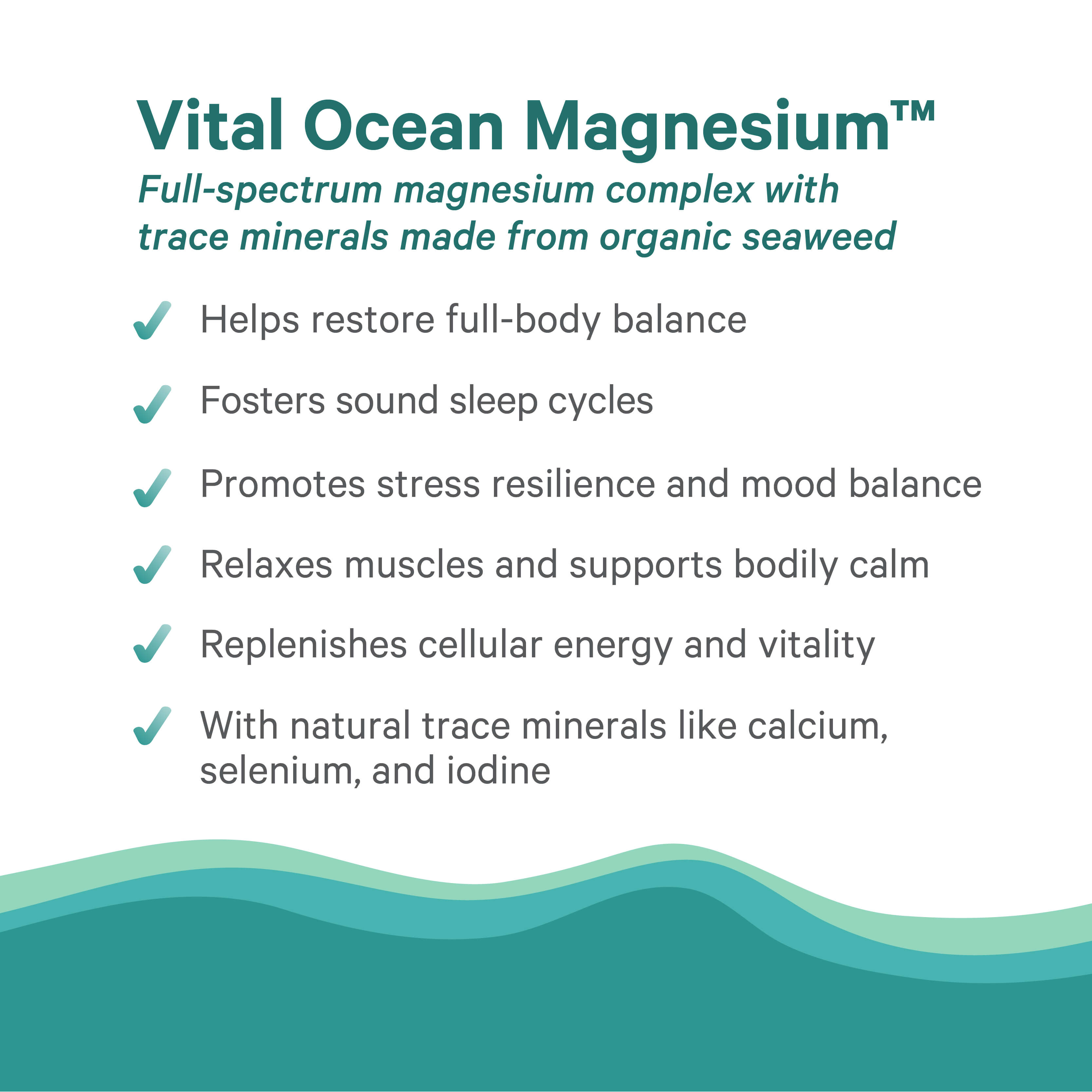 Text graphic highlighting Vital Ocean Magnesium™, a full-spectrum magnesium blend from mineralized seawater and organic seaweed, supporting balance, sleep, stress resilience, relaxation, energy, and providing essential trace minerals.