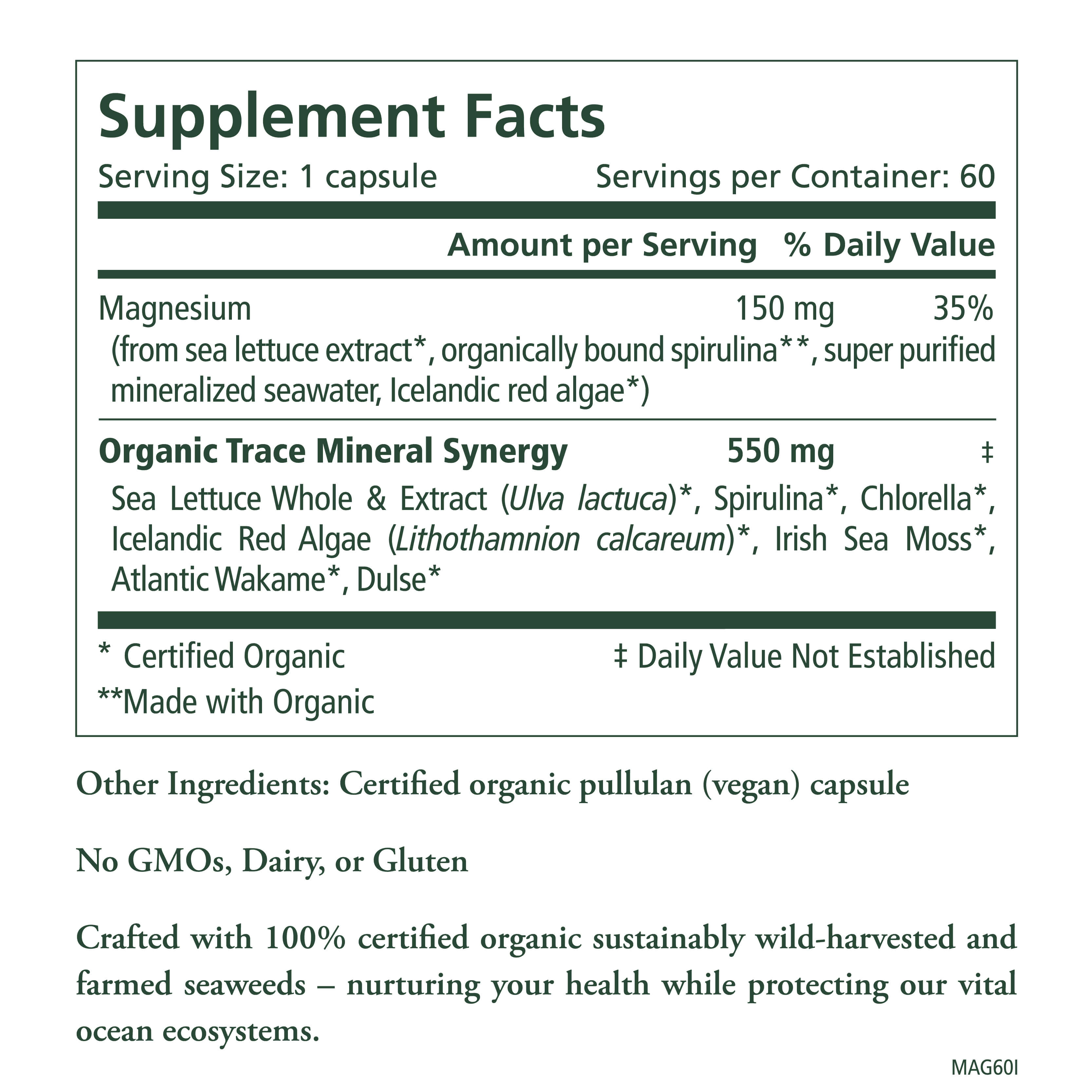 The Supplement Facts label for Vital Ocean Magnesium™ lists serving size, full-spectrum magnesium from mineralized seawater, organic trace minerals, and highlights its organic, vegan, and allergen-free status with a concise product description.