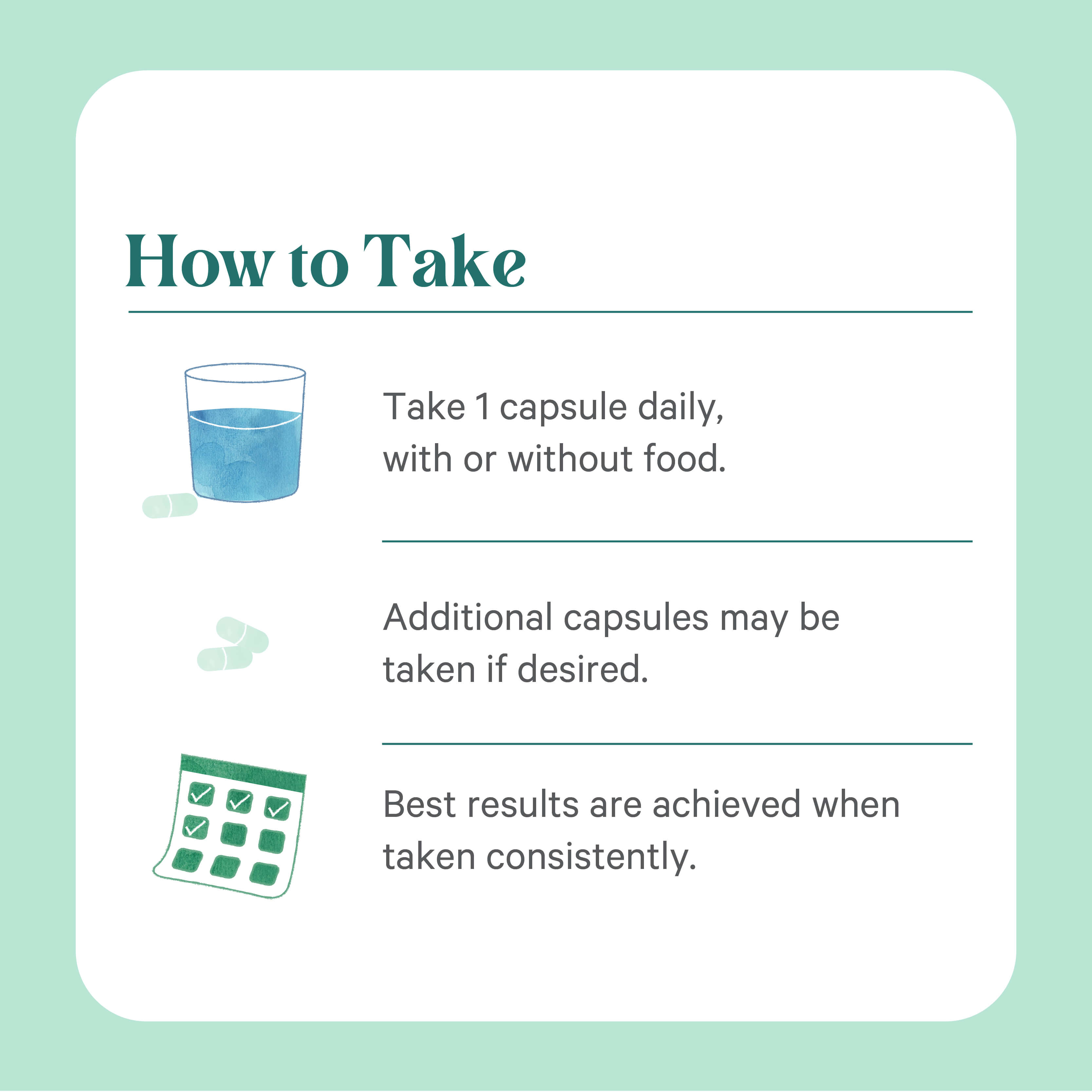 Instructional graphic for Vital Ocean Magnesium™: take one capsule daily with or without food; increase if needed. For best results, use consistently. Illustrated with a glass, capsules, and a calendar.