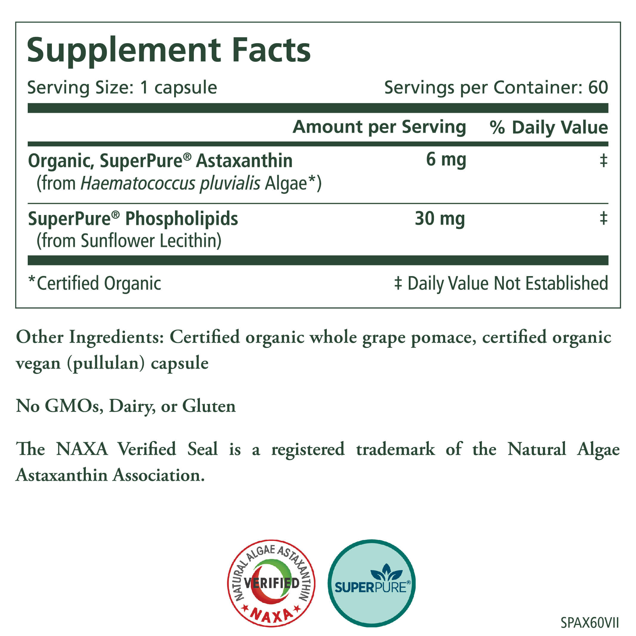 Supplement Facts label for The Synergy Companys SuperPure® Astaxanthin Extract, featuring organic astaxanthin from Haematococcus pluvialis and phospholipids. Includes ingredient amounts, certifications (vegan, non-GMO, dairy-free, gluten-free), NAXA & SuperPure logos.