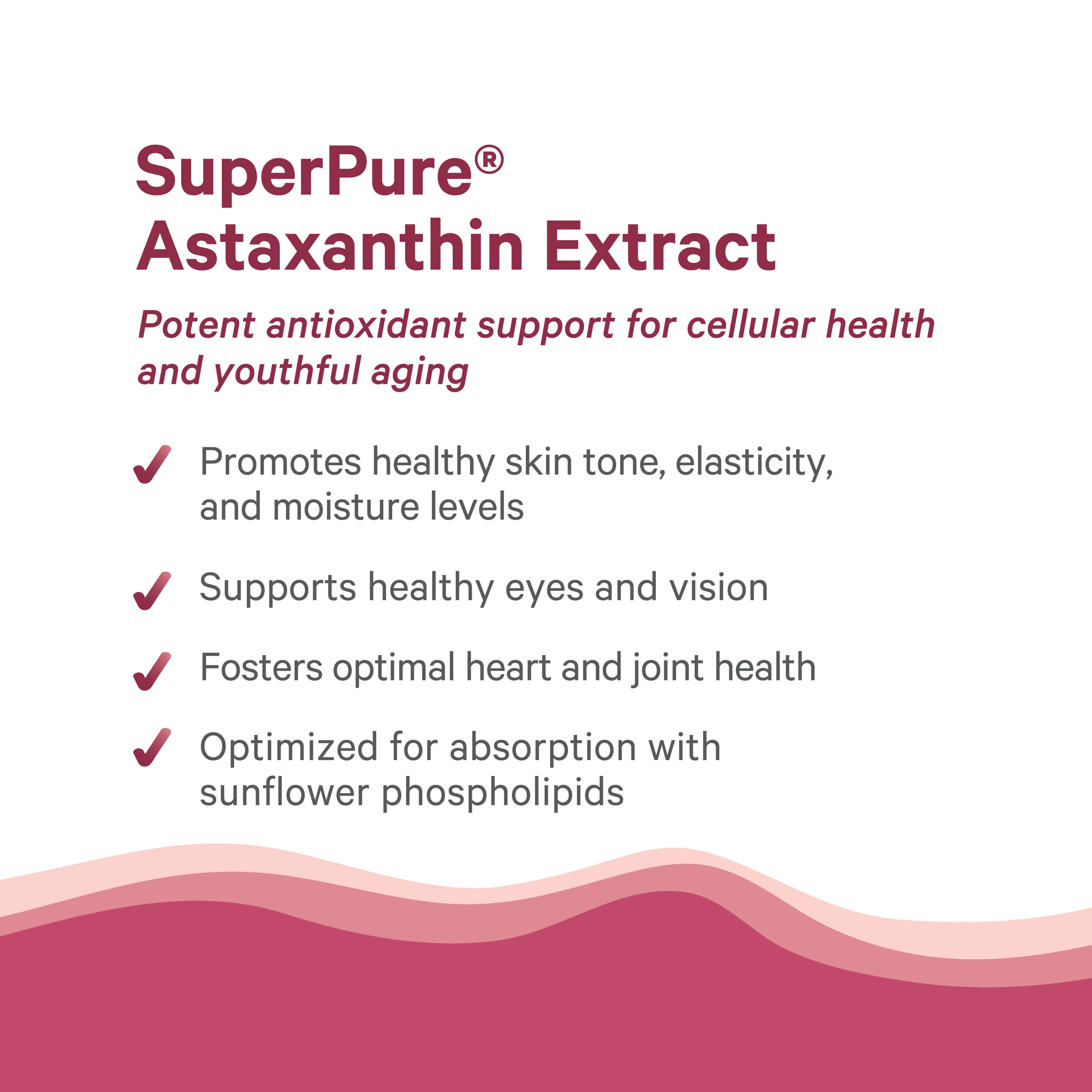 Promotional graphic for The Synergy Company’s SuperPure® Astaxanthin Extract, using organic astaxanthin from Haematococcus pluvialis—a potent antioxidant supporting skin, eye, heart, and joint health, optimized with sunflower phospholipids.