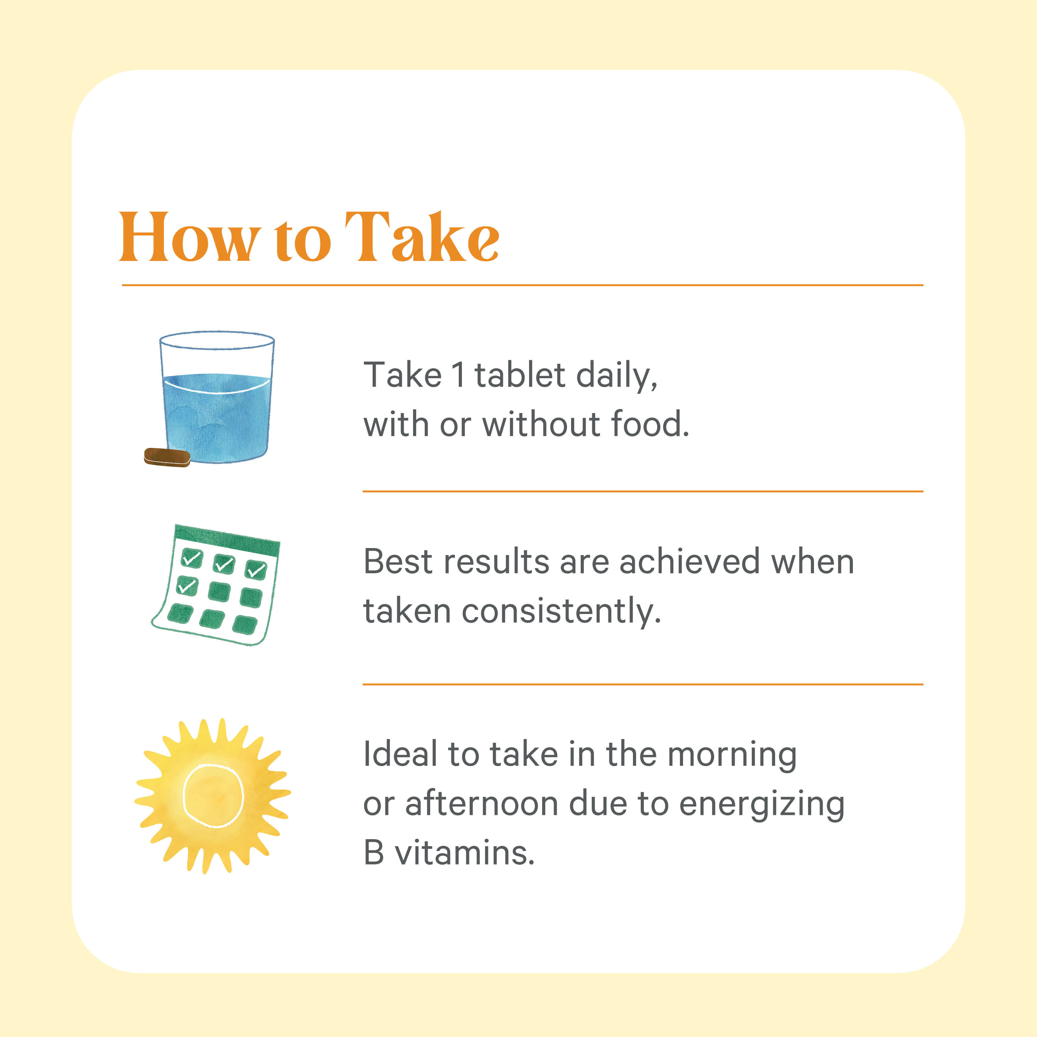 Instructions for taking The Synergy Company Super B-Complex™: Take 1 tablet daily, with or without food, preferably in the morning or afternoon. Contains B vitamins for natural energy support. Illustrations included.
