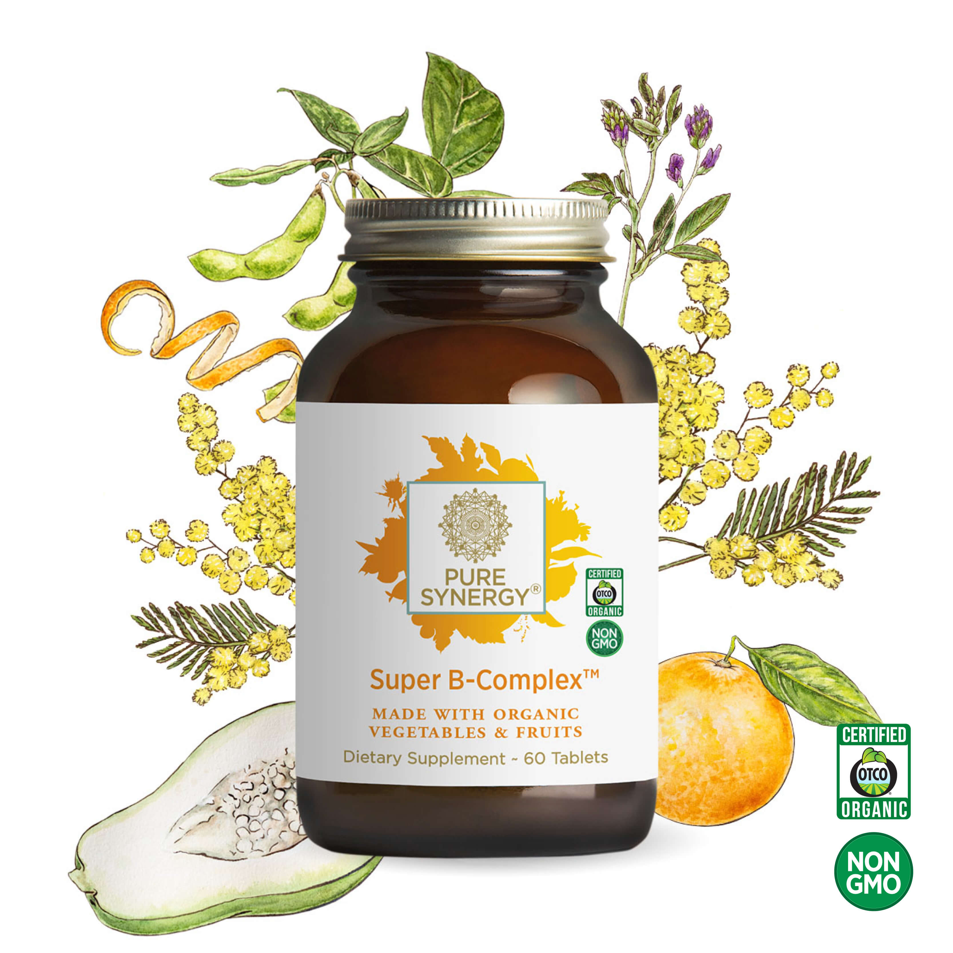 A brown glass bottle of The Synergy Company Super B-Complex™ tablets with a white label is shown, surrounded by illustrations of fruits, plants, and herbs. The label highlights its energizing formula and organic, non-GMO certifications.