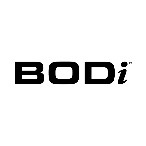 The image shows the word BODi in bold, black capital letters, with the letter i in lowercase and italicized, on a light gray background.