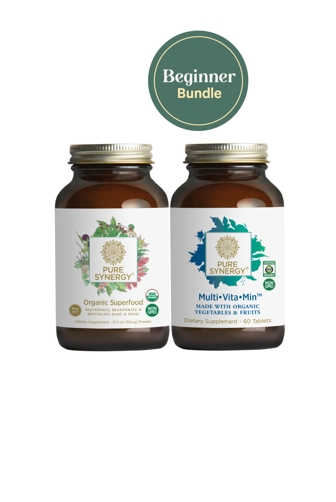 Two brown supplement bottles from The Synergy Company—Organic Superfood and Multi•Vita•Min® multivitamin—are shown under a green circle labeled Beginner Bundle on a white background.