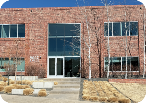 A modern brick building with large windows and the number 2995 displayed on the front. Leafless trees and landscaped dry grass are in front of the building, with concrete planters along a pathway to the entrance.