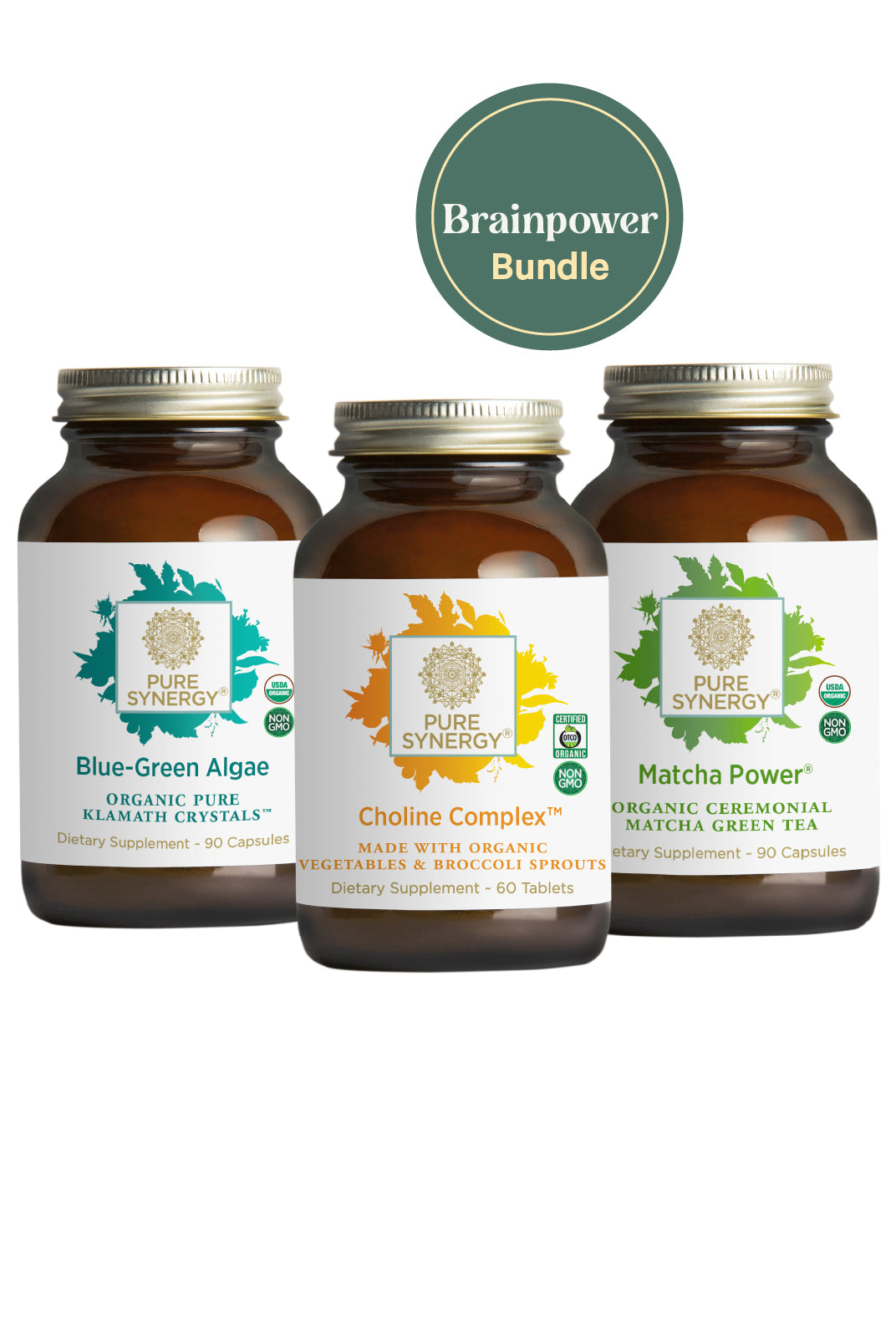 Three brown supplement bottles from The Synergy Company—Blue-Green Algae, Fermented Choline Complex, and Matcha Power—are topped by a green circle that says Brainpower Bundle.