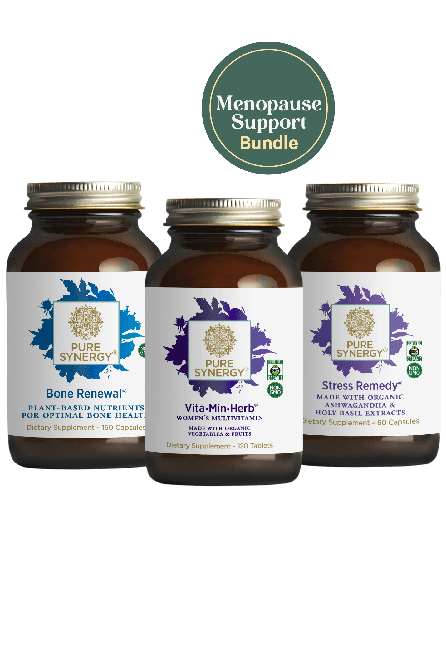 The Synergy Company Menopause Support Bundle—three brown supplement bottles for bone health and adrenal support—your go-to menopause supplements.