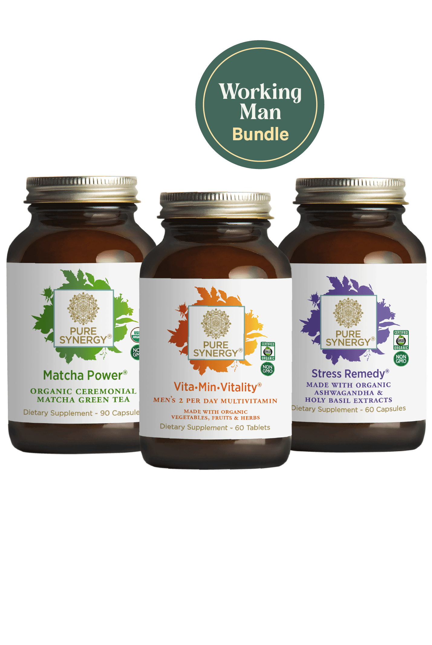Three amber supplement bottles labeled Matcha Power, Vita•Min•Vitality Men’s, and Stress Remedy by The Synergy Company are shown on a white background with a green circle above reading Working Man Bundle.