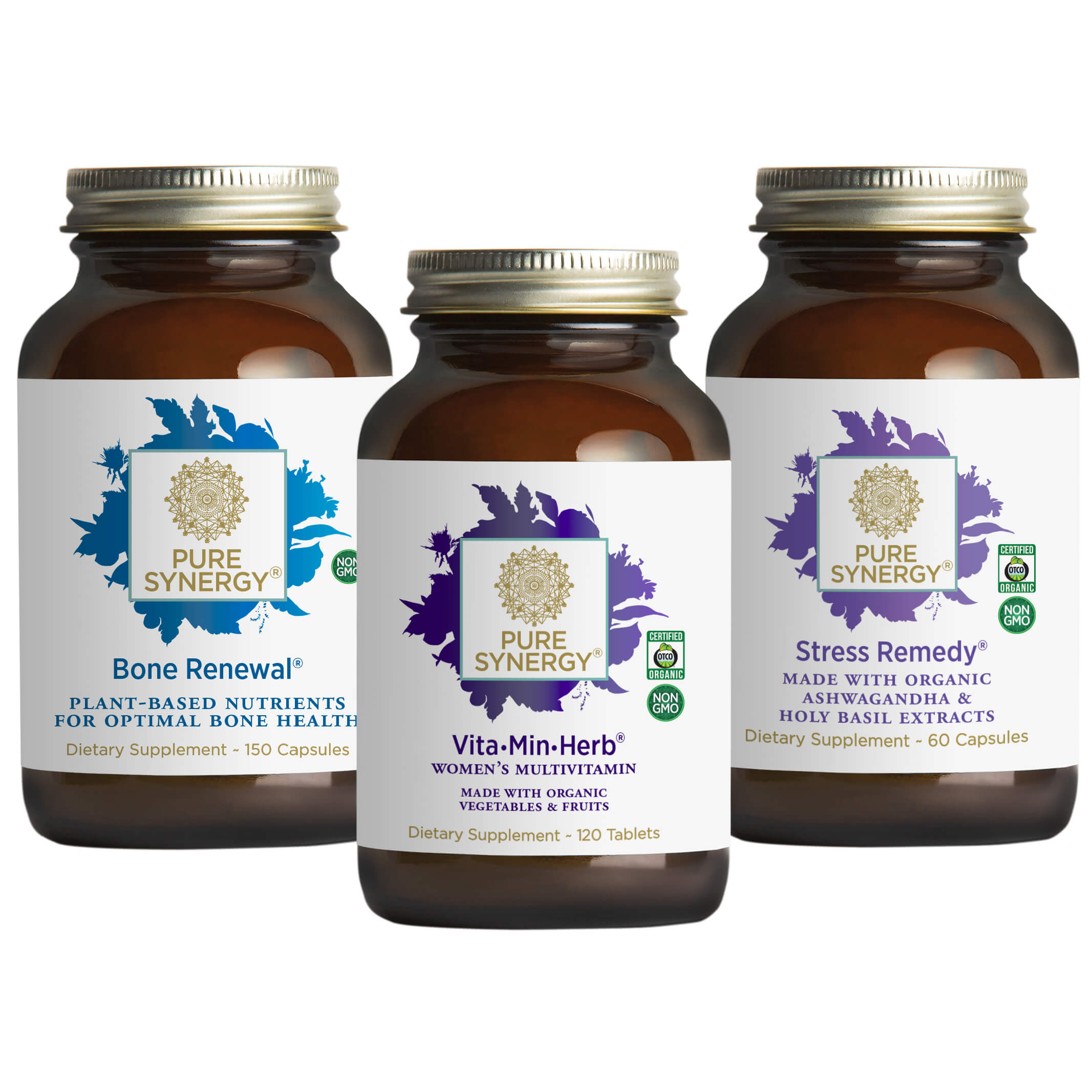 Three brown supplement bottles from The Synergy Company—Menopause Support Bundle—are arranged side by side against a white background, highlighting natural options for menopause and overall wellness.