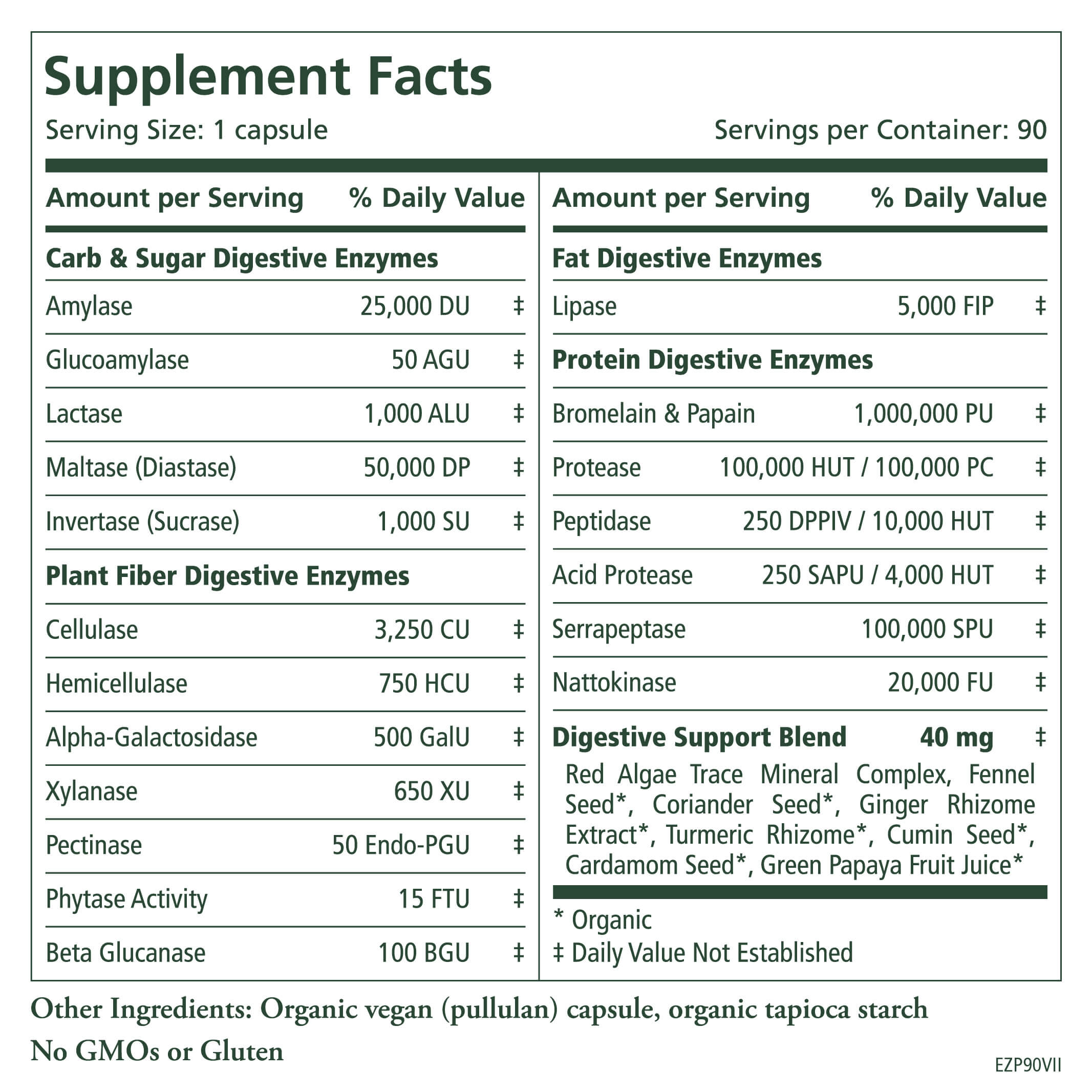 Enzyme Power™ by The Synergy Company features a supplement facts label listing serving size, servings per container, digestive enzyme types and amounts, proprietary blends, full ingredients, and notes on organic, vegan, and gluten-free status.