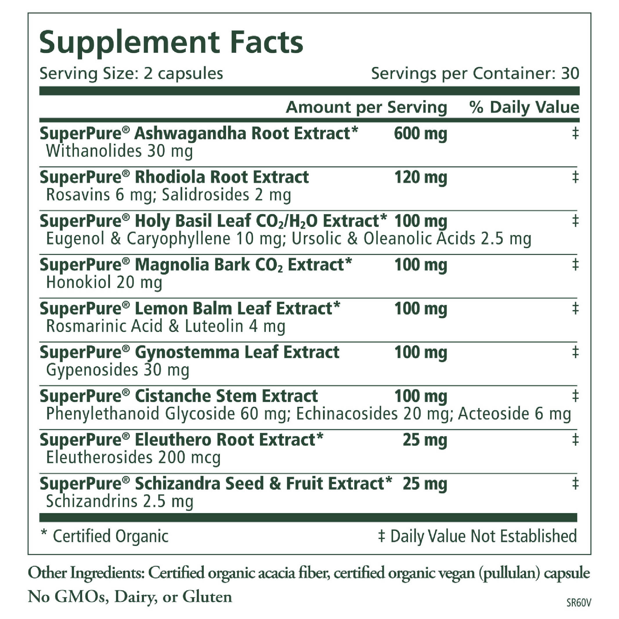 The Synergy Companys Stress Remedy® supplement contains organic, non-GMO, dairy-free, and gluten-free ingredients like Ashwagandha and Rhodiola to balance stress. Holy Basil and Eleuthero enhance focus, while Magnolia Bark and Lemon Balm offer gentle energy for overall well-being.