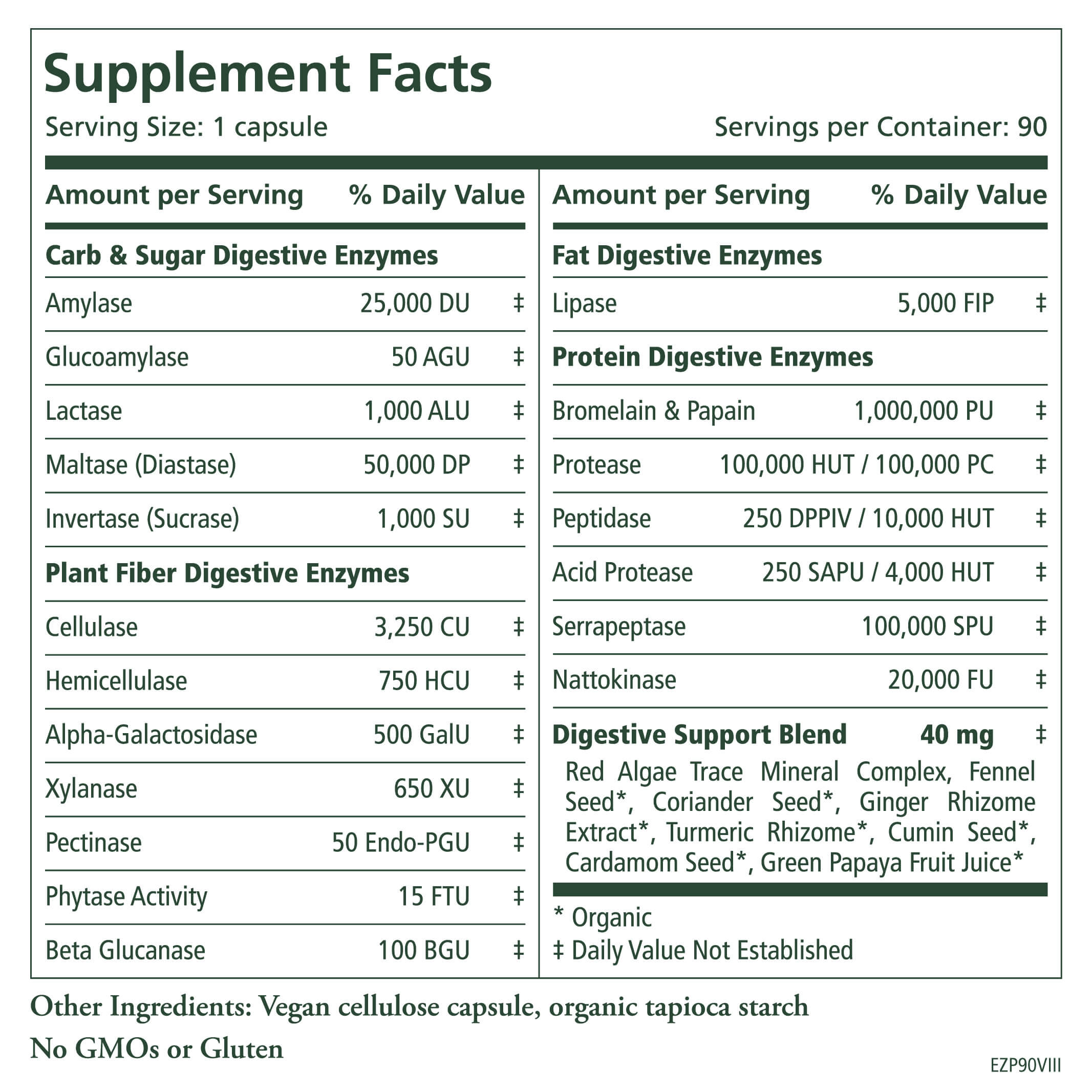 Enzyme Power™ Supplement Facts label lists digestive enzyme amounts per 1-capsule serving—including amylase, lipase, protease—and features a 40 mg plant-based digestive blend designed to support nutrient absorption; label also indicates the product is vegan and free of GMOs and gluten.