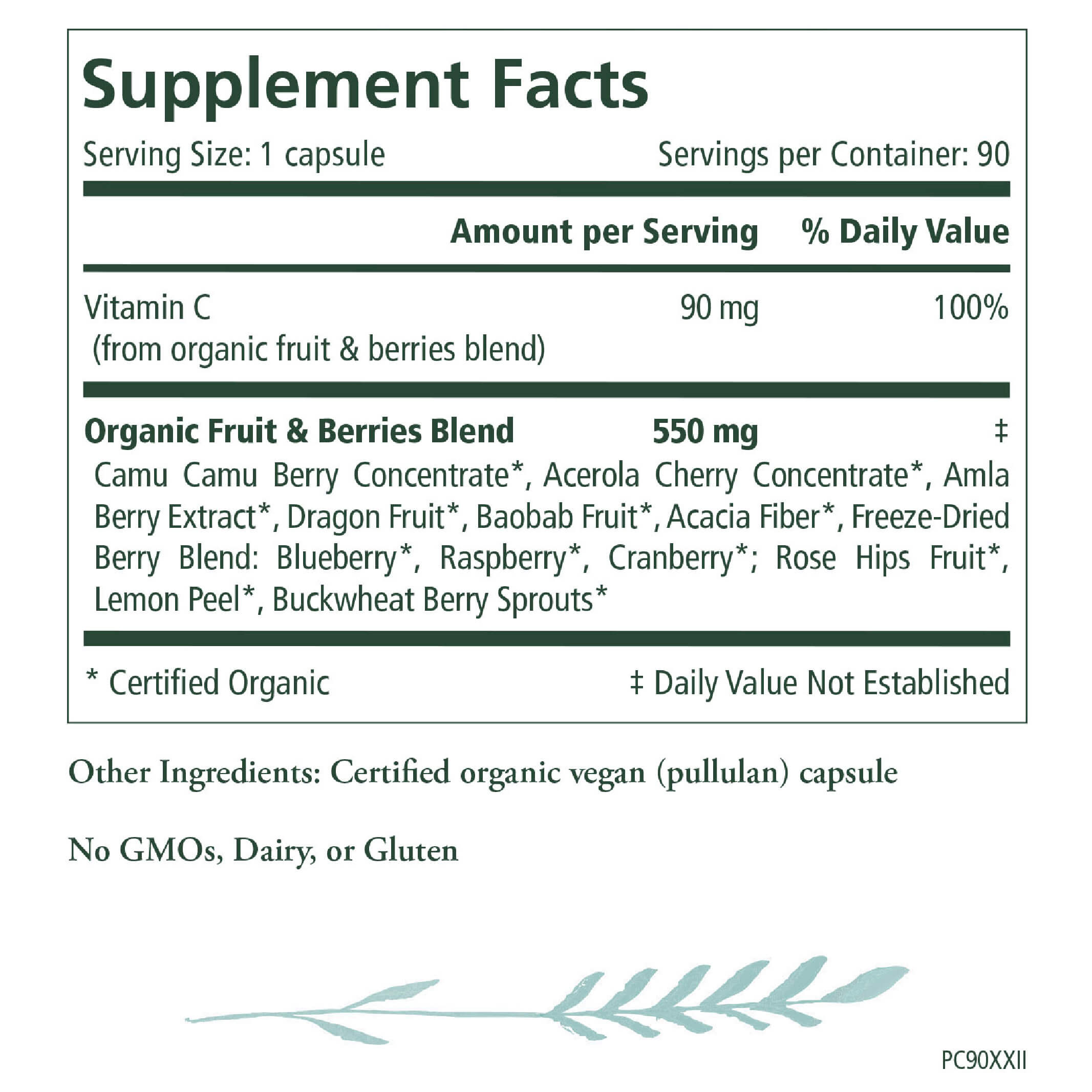 Label shows natural vitamin C content from organic camu camu and acerola cherry, an organic fruit and berry blend, a certified organic vegan capsule, and notes that Organic Pure Radiance C® Capsules contain no GMOs, dairy, or gluten.