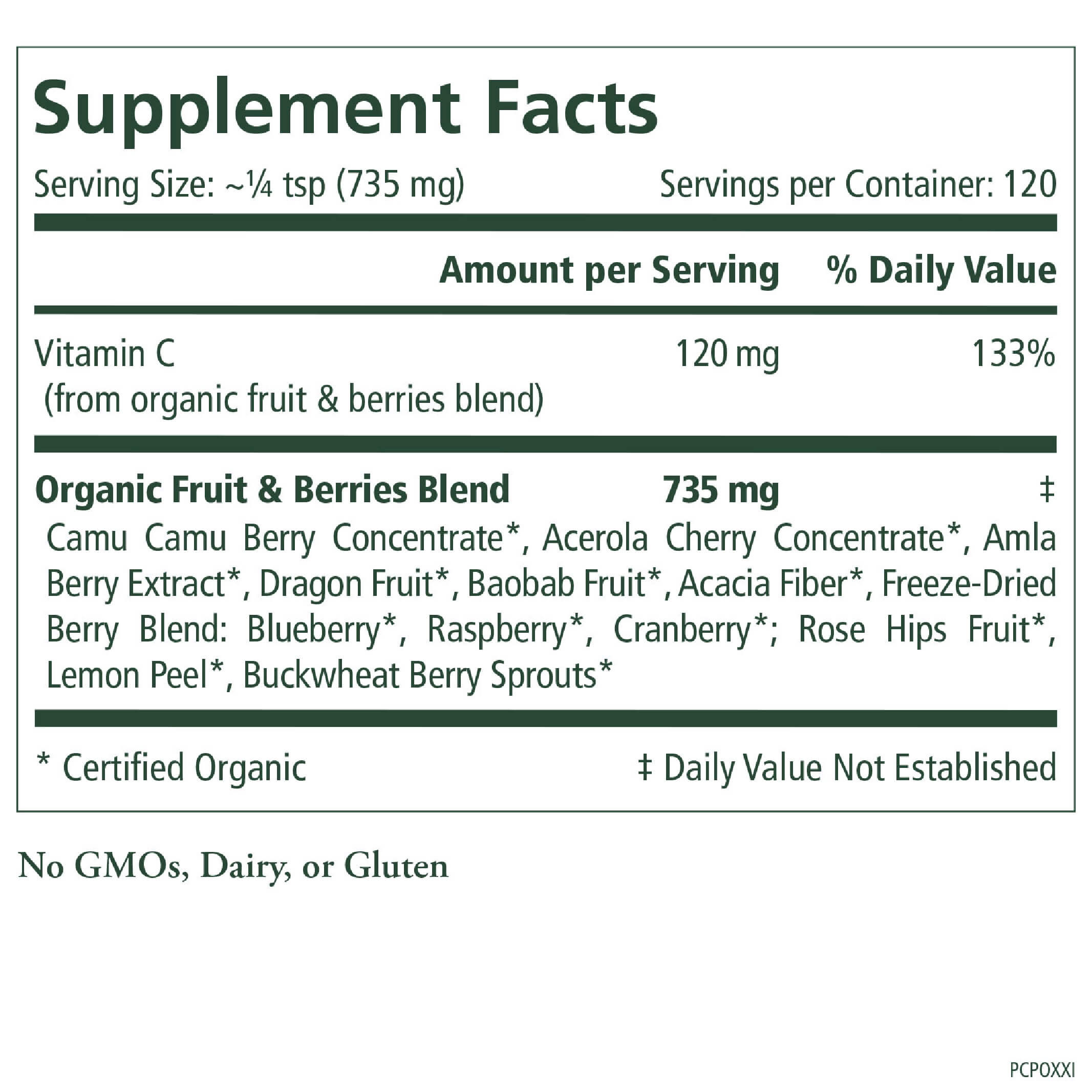 Organic Pure Radiance C® Powder features a supplement facts label showing natural vitamin C content derived from organic camu camu and acerola cherry, plus a blend of organic fruits and berries. It contains no GMOs, dairy, or gluten. Each serving size is approximately 1/4 tsp (735 mg), with 120 servings per container.