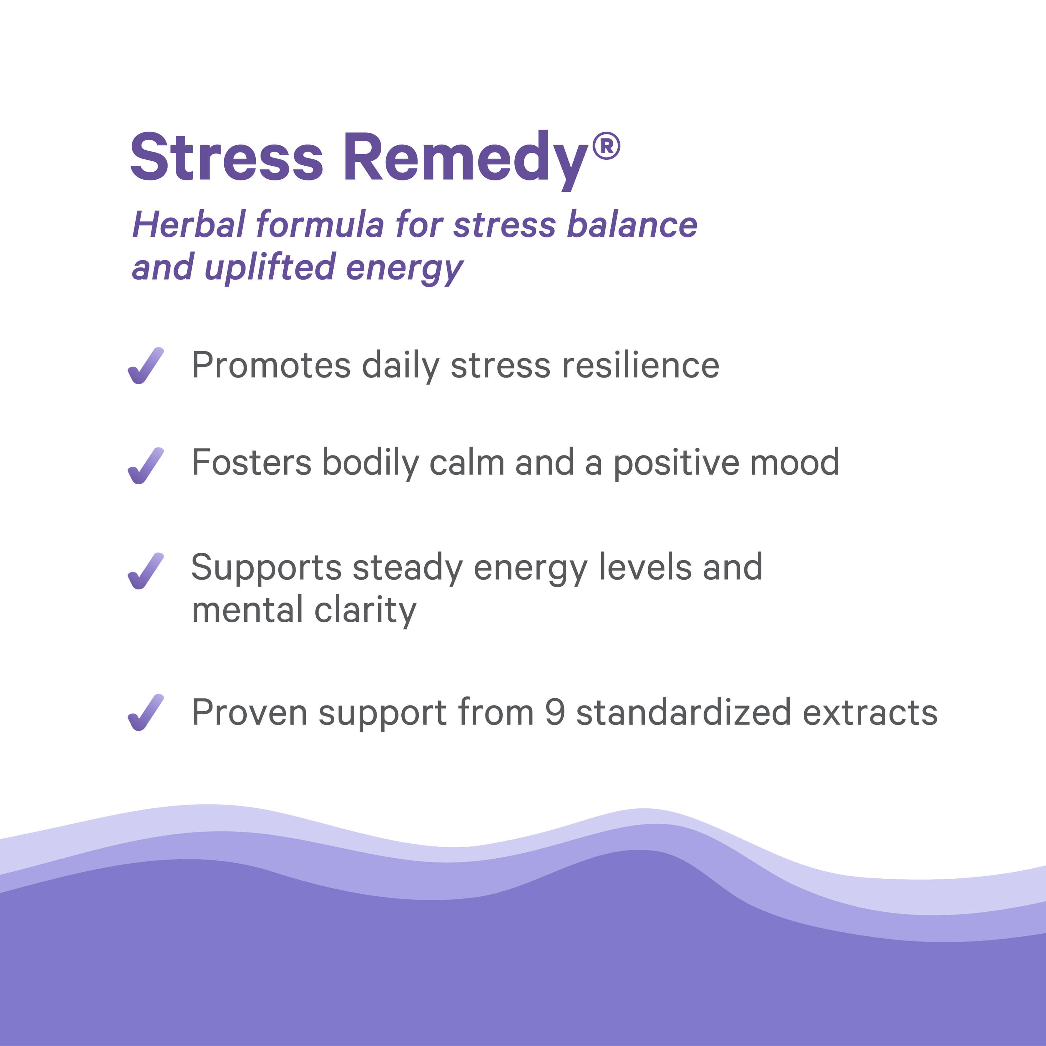 Stress Remedy® by The Synergy Company supports calm mood, steady energy, mental clarity, and focus with 9 standardized adaptogen herbs, featuring purple wave graphics at the bottom.