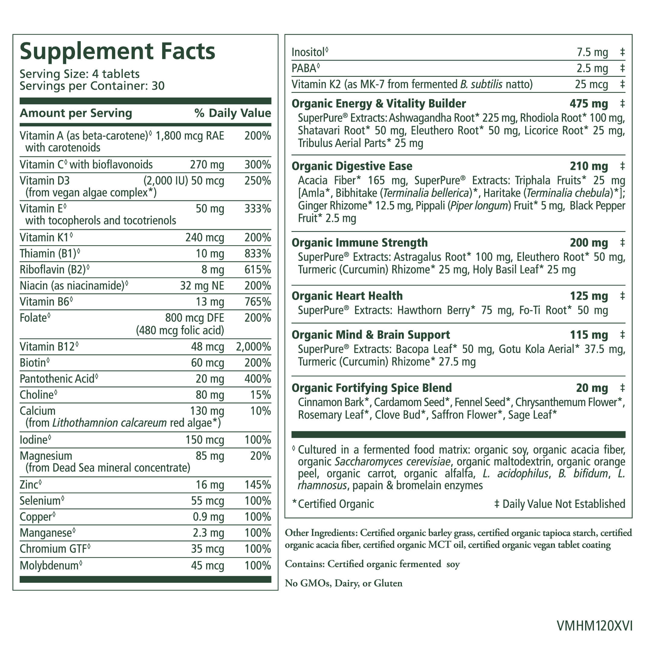 Vita•Min•Herb® For Men by The Synergy Company features a Supplement Facts label with vitamins, minerals, herbs, enzymes, organic blends, and details supporting men's wellness. It's non-GMO, dairy-free, and gluten-free.