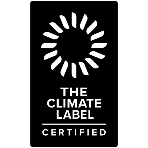 Black and white logo featuring a circular sun-like design above the words The Climate Label Certified in bold, uppercase letters.
