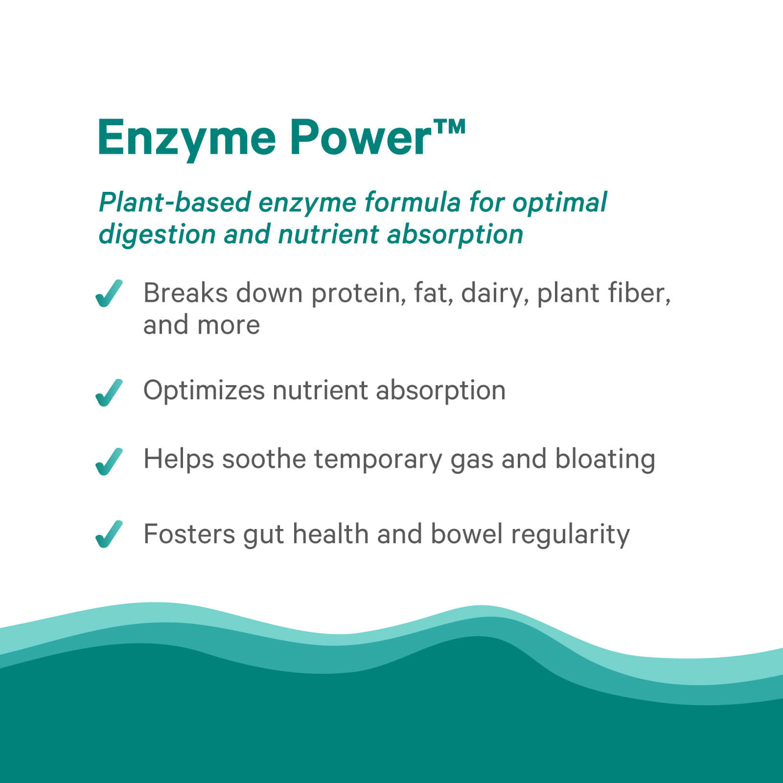 Graphic highlighting Enzyme Power™ by The Synergy Company: a plant-based digestive enzyme formula that breaks down foods, enhances nutrient absorption, relieves gas and bloating, and supports gut health and regularity.