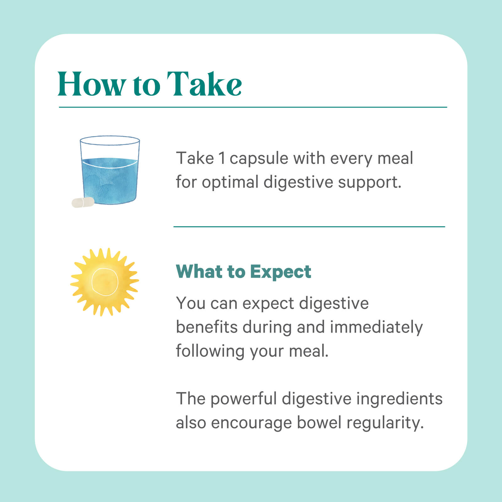 Instructional graphic of a glass of water with a capsule shows how to take 1 plant-based Enzyme Power™ capsule by The Synergy Company with each meal to support digestion, enzyme activity, and nutrient absorption, highlighted by a sun icon.
