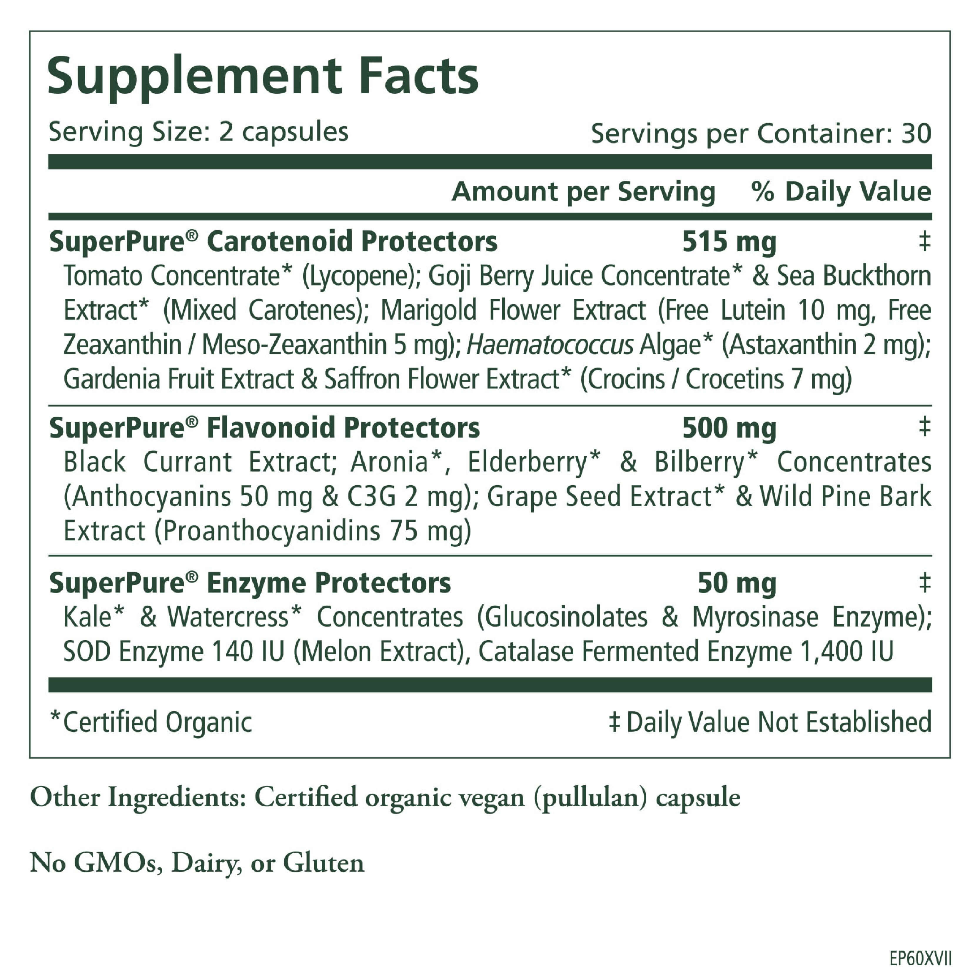 Eye Protector® Supplement Facts label with serving size lists carotenoid, flavonoid, and enzyme blends for eye health; includes organic botanical extracts, other ingredients, and dietary notes.